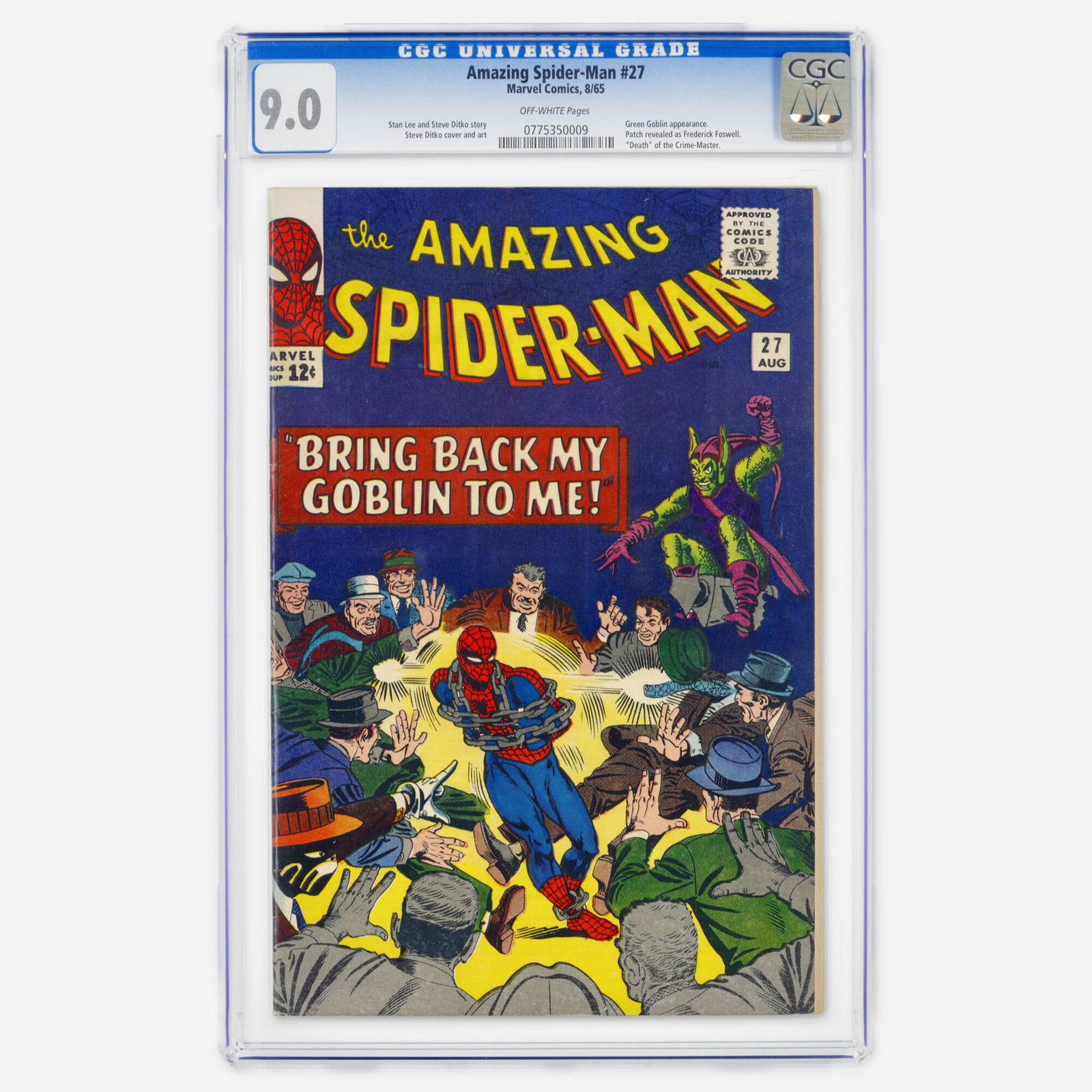 Marvel Comics Amazing Spider-Man #27 CGC 9.0: Marvel Comics Amazing Spider-Man #27 CGC 9.0 USA, 1965 A historic Silver Age battle featuring a Green Goblin appearance and the unmasking of Patch as Frederick Foswell. This Stan Lee and Steve Ditko c