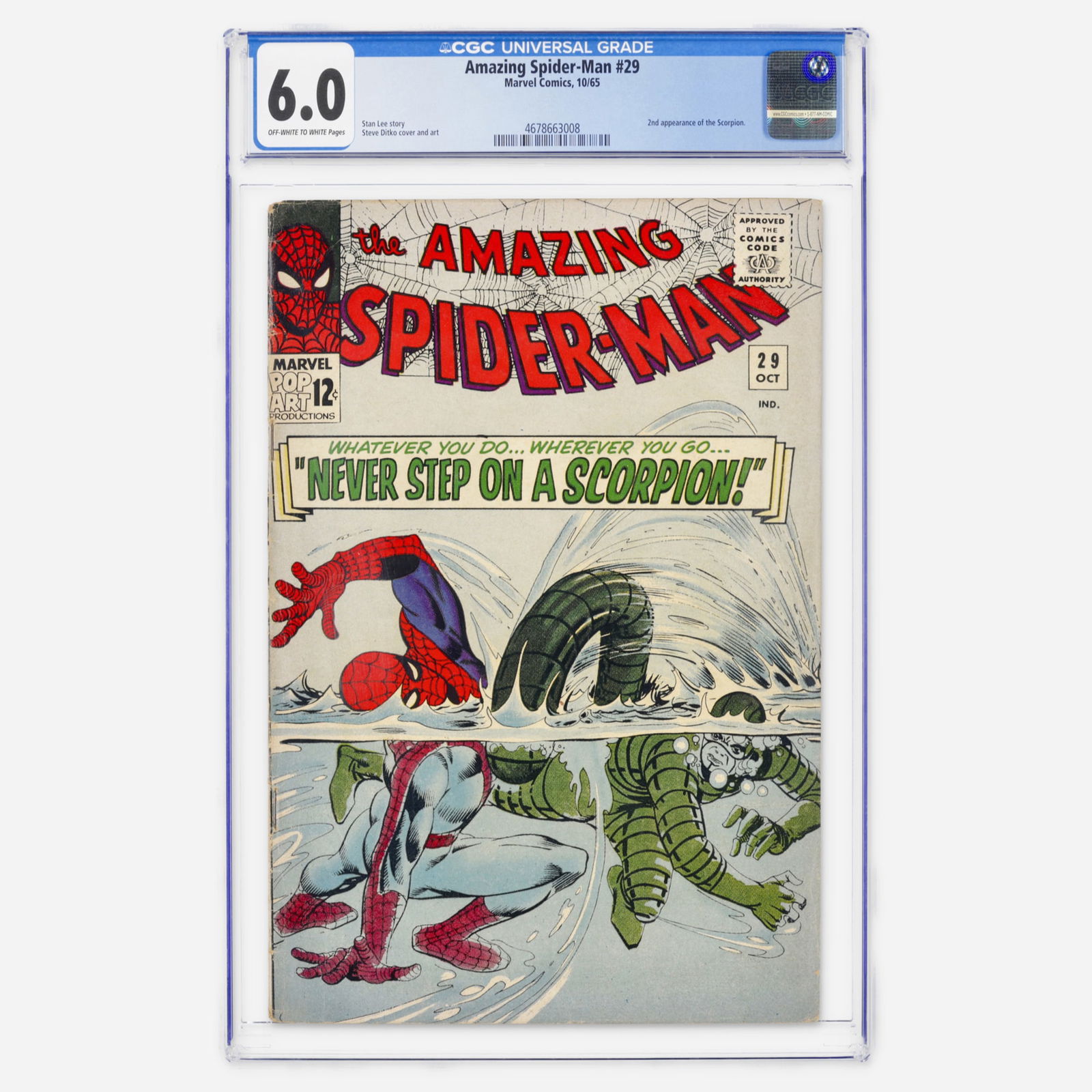 Marvel Comics Amazing Spider-Man #29 CGC 6.0: Marvel Comics Amazing Spider-Man #29 CGC 6.0 USA, 1965 This Silver Age thriller highlights the second appearance of the Scorpion. Steve Ditko provides the masterful art and cover for this Stan Lee