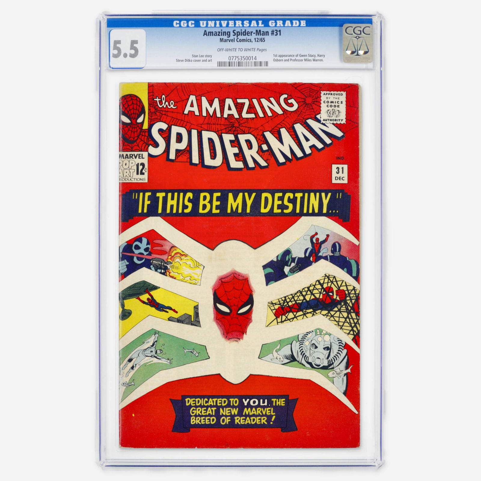 Marvel Comics Amazing Spider-Man #31 CGC 5.5: Marvel Comics Amazing Spider-Man #31 CGC 5.5 USA, 1965 This quintessential Silver Age key marks the first appearance of Gwen Stacy, Harry Osborn, and Professor Miles Warren. It is a cornerstone of the