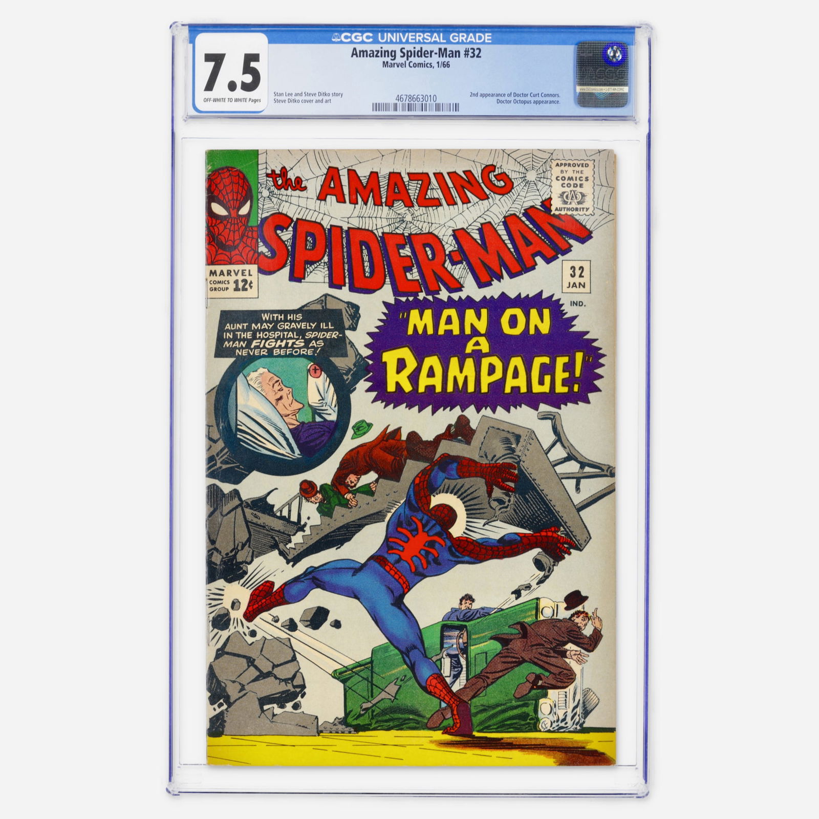 Marvel Comics Amazing Spider-Man #32 CGC 7.5: Marvel Comics Amazing Spider-Man #32 CGC 7.5 USA, 1966 This Silver Age classic features the second appearance of Doctor Curt Connors and an appearance by Doctor Octopus. The legendary team of Stan