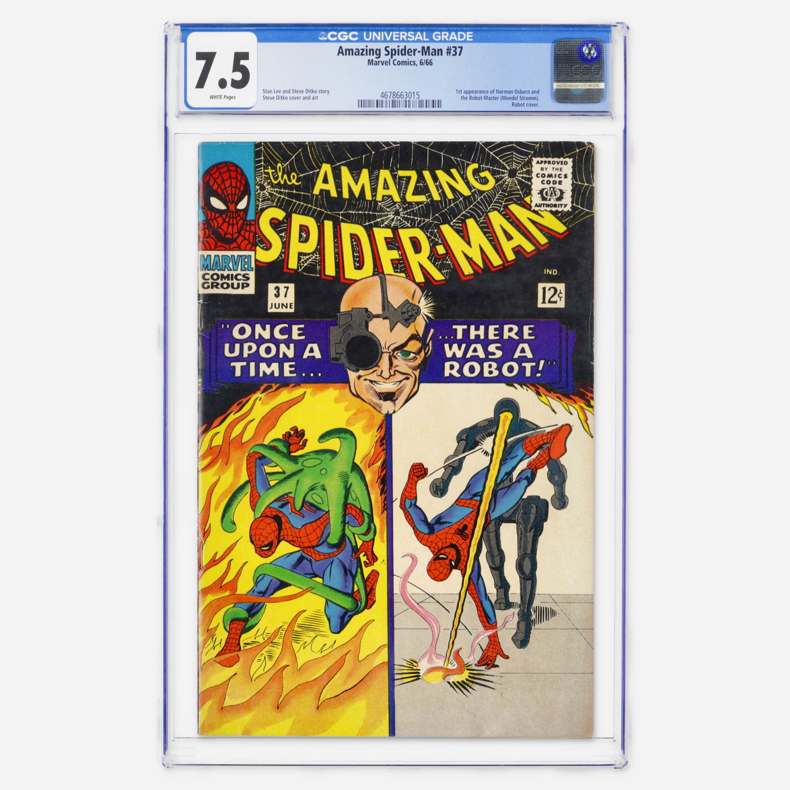 Marvel Comics Amazing Spider-Man #37 CGC 7.5: Marvel Comics Amazing Spider-Man #37 CGC 7.5 USA, 1966 A major Silver Age milestone featuring the first appearance of Norman Osborn and the Robot-Master. Stan Lee and Steve Ditko introduce the man who