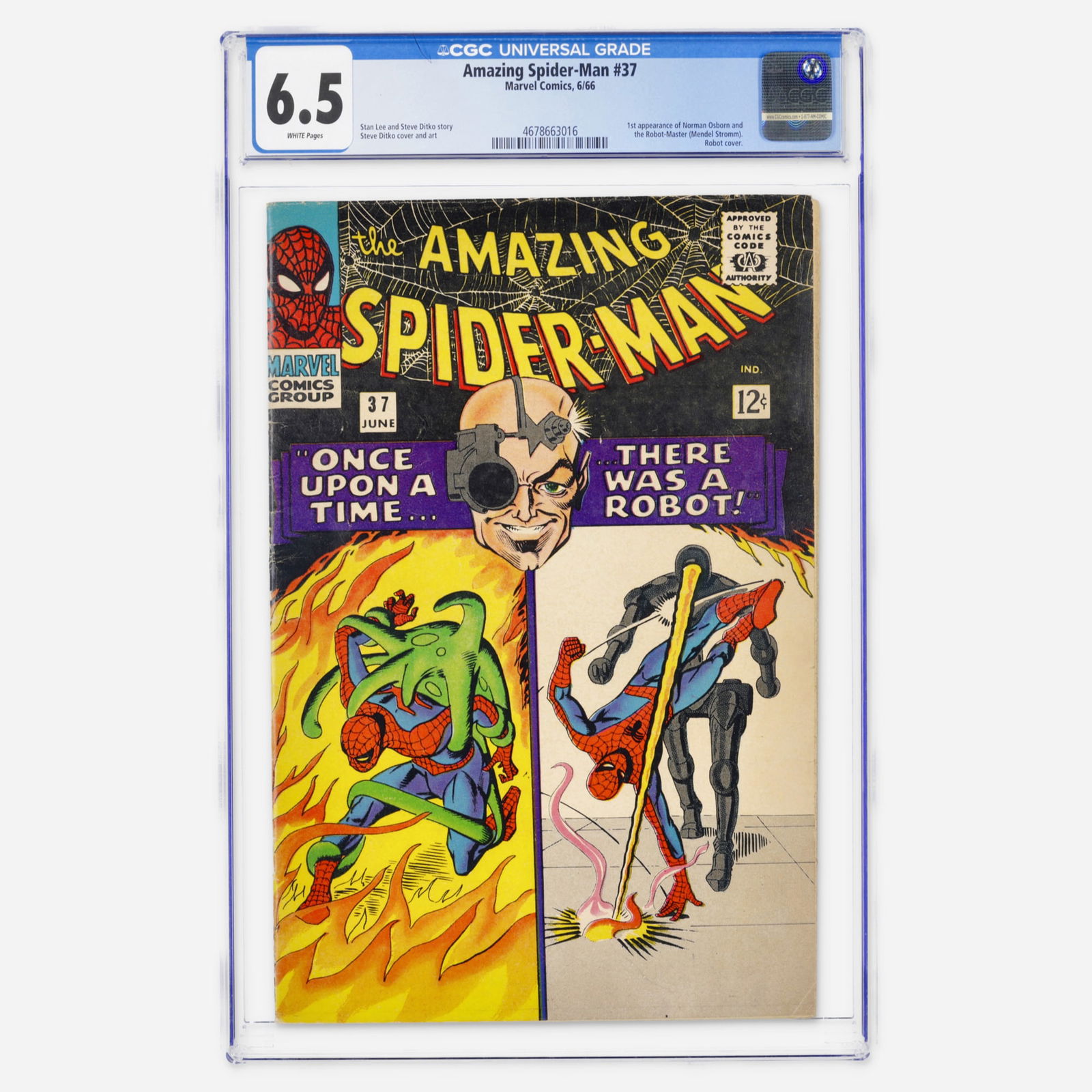 Marvel Comics Amazing Spider-Man #37 CGC 6.5: Marvel Comics Amazing Spider-Man #37 CGC 6.5 USA, 1966 This Silver Age key is noted for the first appearance of Norman Osborn, alongside the debut of Mendel Stromm. The Robot cover remains a