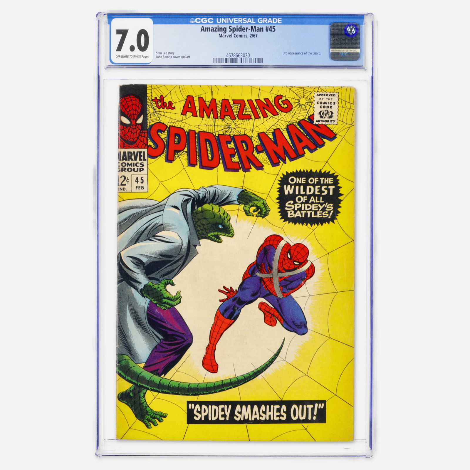 Marvel Comics Amazing Spider-Man #45 CGC 7.0: Marvel Comics Amazing Spider-Man #45 CGC 7.0 USA, 1967 This Silver Age installment features the third appearance of the Lizard. The dynamic art style of John Romita is on full display under the