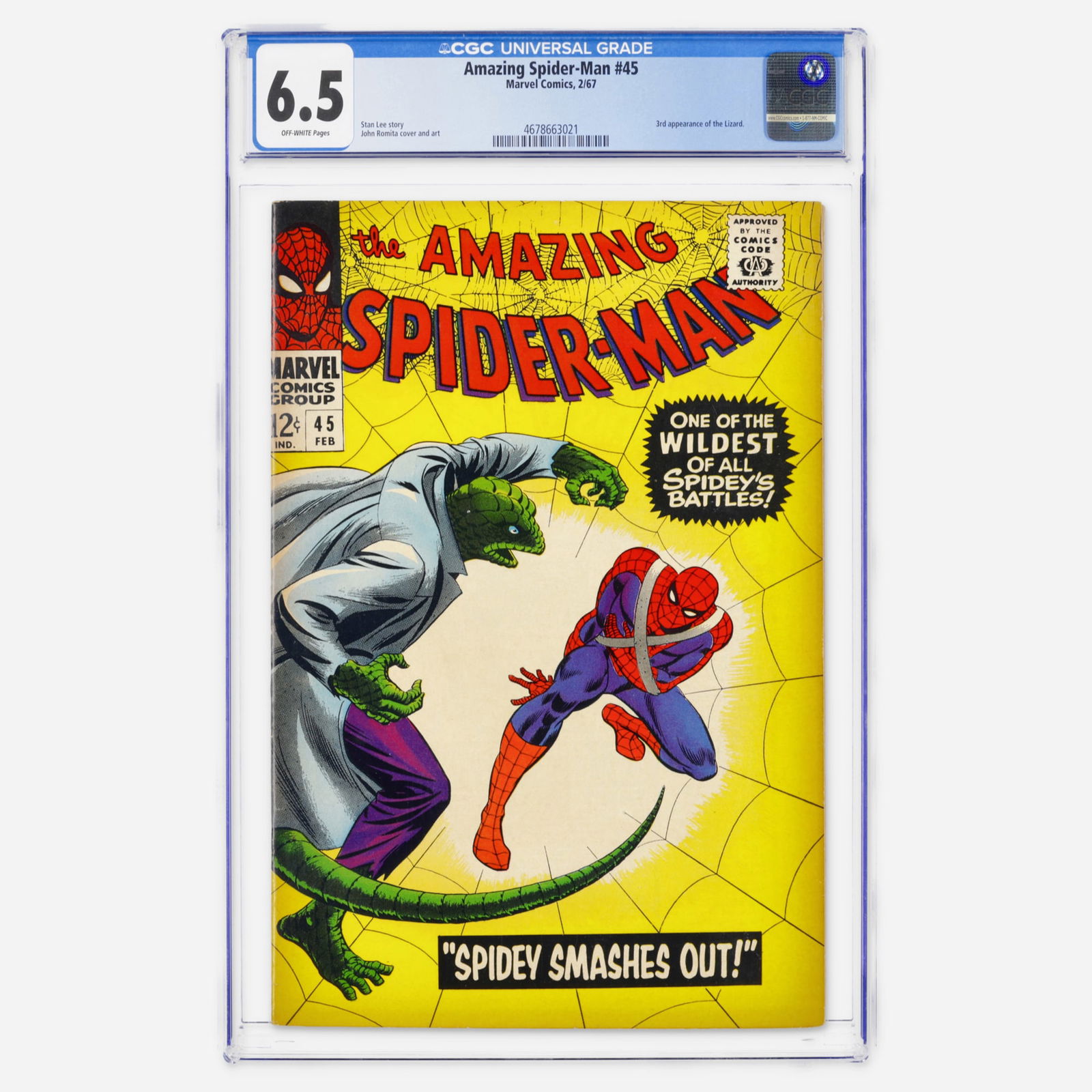 Marvel Comics Amazing Spider-Man #45 CGC 6.5: Marvel Comics Amazing Spider-Man #45 CGC 6.5 USA, 1967 This Silver Age classic features the third appearance of the Lizard. Written by Stan Lee with art and cover by John Romita, it remains a key chap