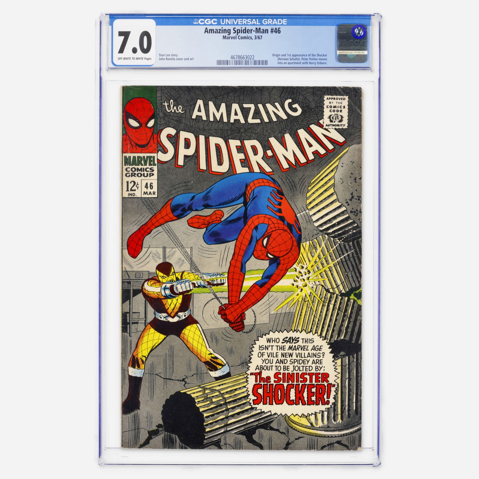 Marvel Comics Amazing Spider-Man #46 CGC 7.0: Marvel Comics Amazing Spider-Man #46 CGC 7.0 USA, 1967 A major Silver Age key containing the origin and first appearance of the Shocker. This issue also marks a personal milestone as Peter Parker