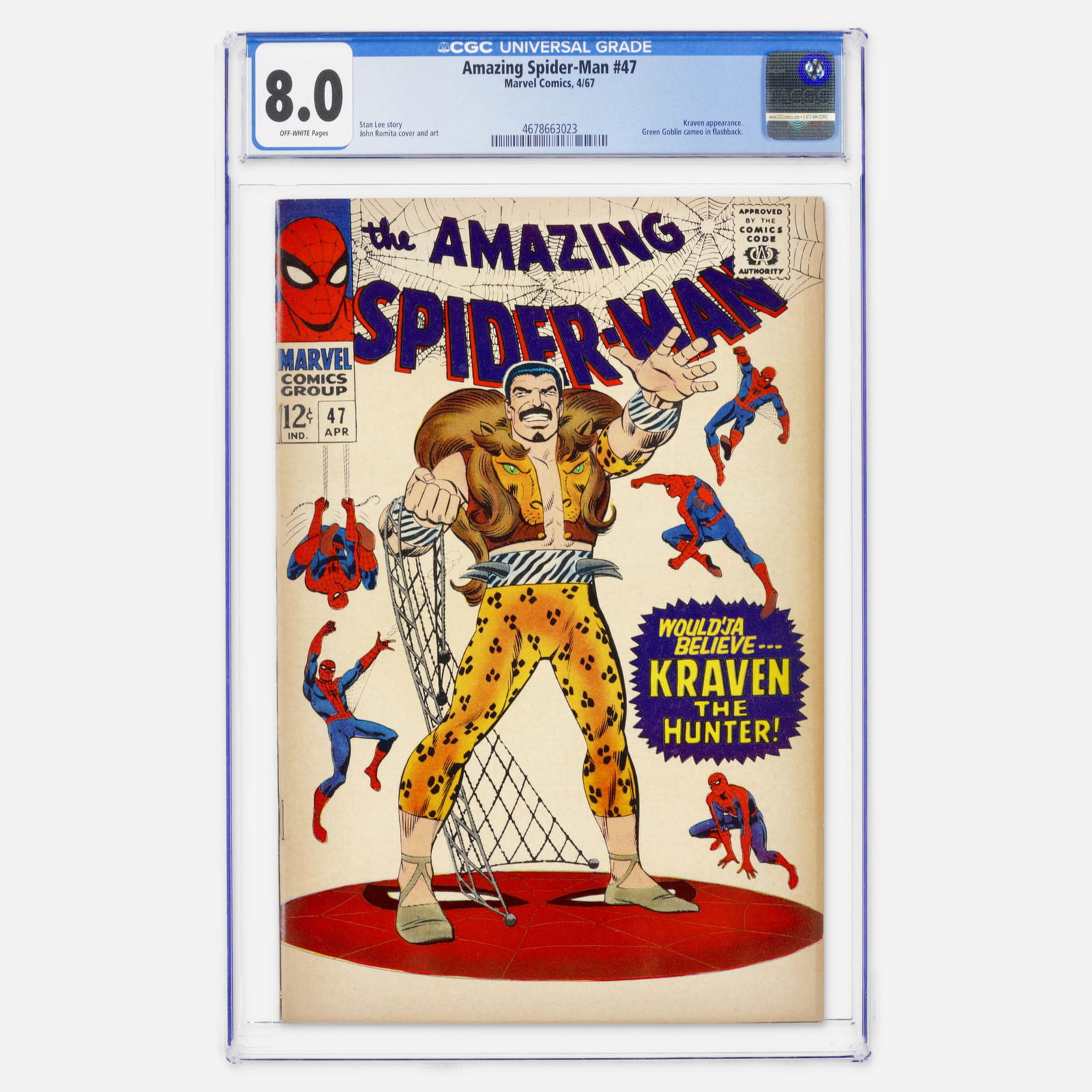 Marvel Comics Amazing Spider-Man #47 CGC 8.0: Marvel Comics Amazing Spider-Man #47 CGC 8.0 USA, 1967 Spidey faces off against Kraven in this Silver Age story by Stan Lee. It includes a Green Goblin cameo in a flashback, all rendered in the