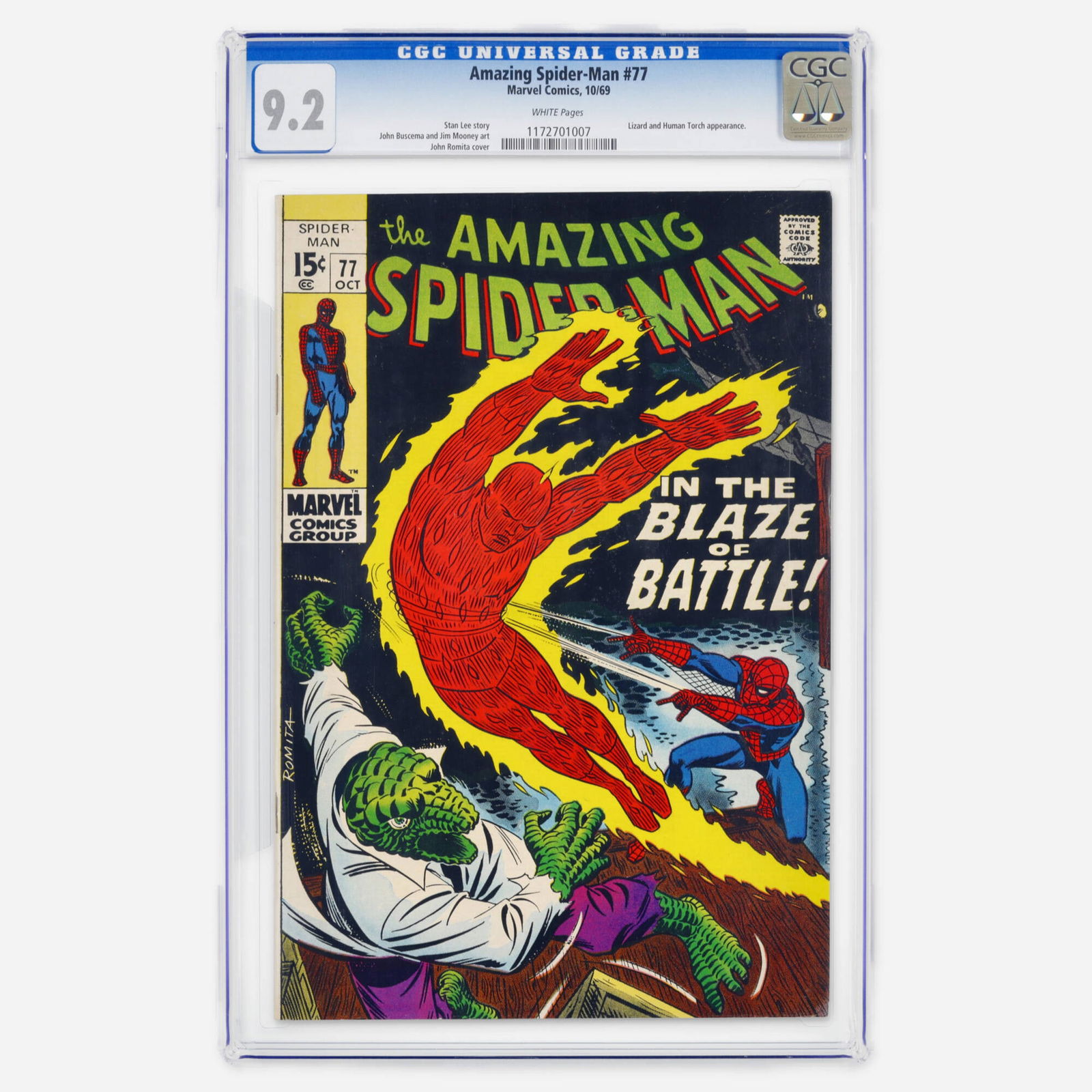 Marvel Comics Amazing Spider-Man #77 CGC 9.2: Marvel Comics Amazing Spider-Man #77 CGC 9.2 USA, 1969 This late Silver Age issue features guest appearances by the Lizard and the Human Torch. The book showcases the combined talents of John