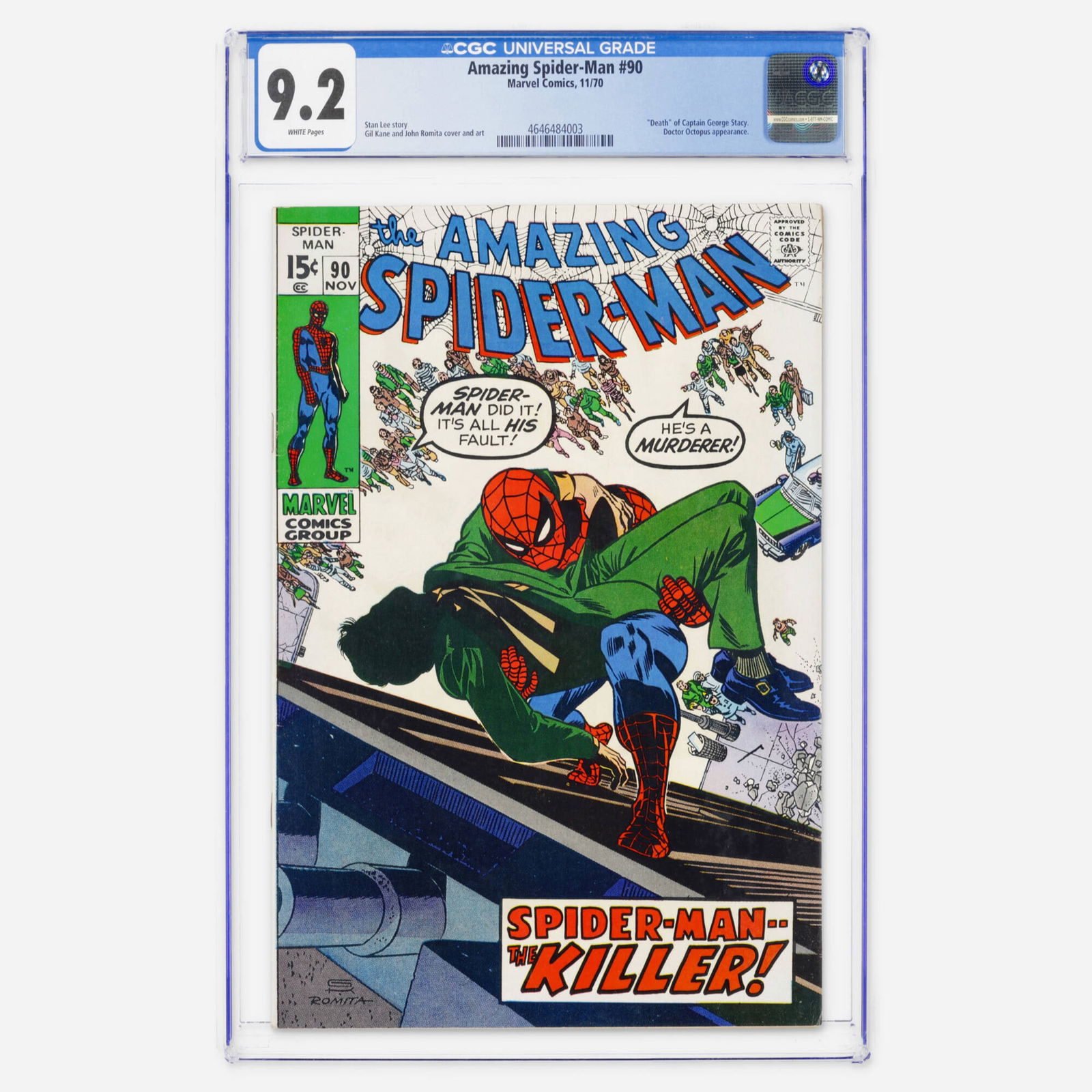 Marvel Comics Amazing Spider-Man #90 CGC 9.2: Marvel Comics Amazing Spider-Man #90 CGC 9.2 USA, 1970 A poignant Bronze Age milestone featuring the death of Captain George Stacy. With a story by Stan Lee, the visuals are handled by the