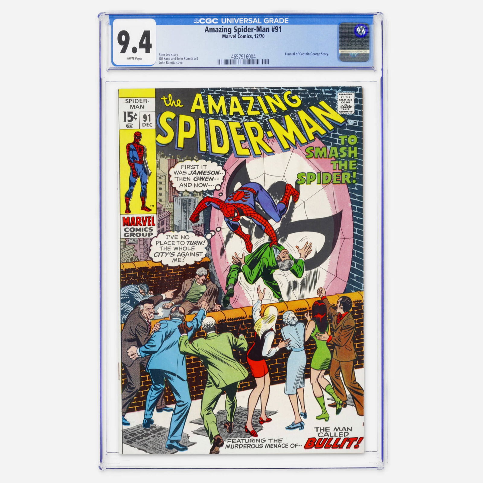 Marvel Comics Amazing Spider-Man #91 CGC 9.4: Marvel Comics Amazing Spider-Man #91 CGC 9.4 USA, 1970 Following the tragedy of the previous issue, this Bronze Age book covers the funeral of Captain George Stacy. John Romita provides the cover