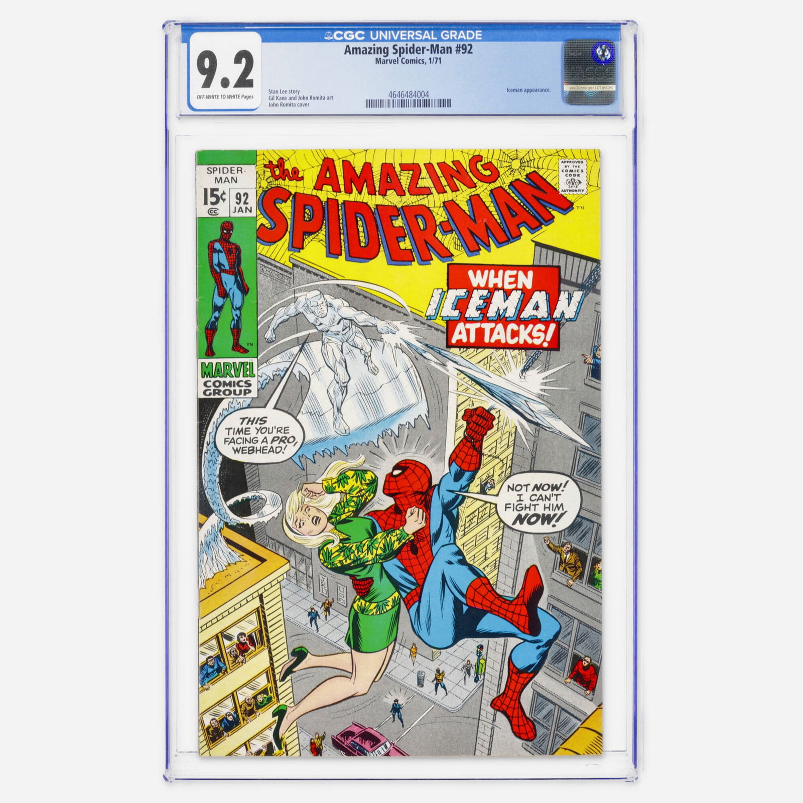Marvel Comics Amazing Spider-Man #92 CGC 9.2: Marvel Comics Amazing Spider-Man #92 CGC 9.2 USA, 1971 In this Bronze Age adventure, Spidey crosses paths with Iceman. This Stan Lee story features high-energy art by Gil Kane and John Romita. 