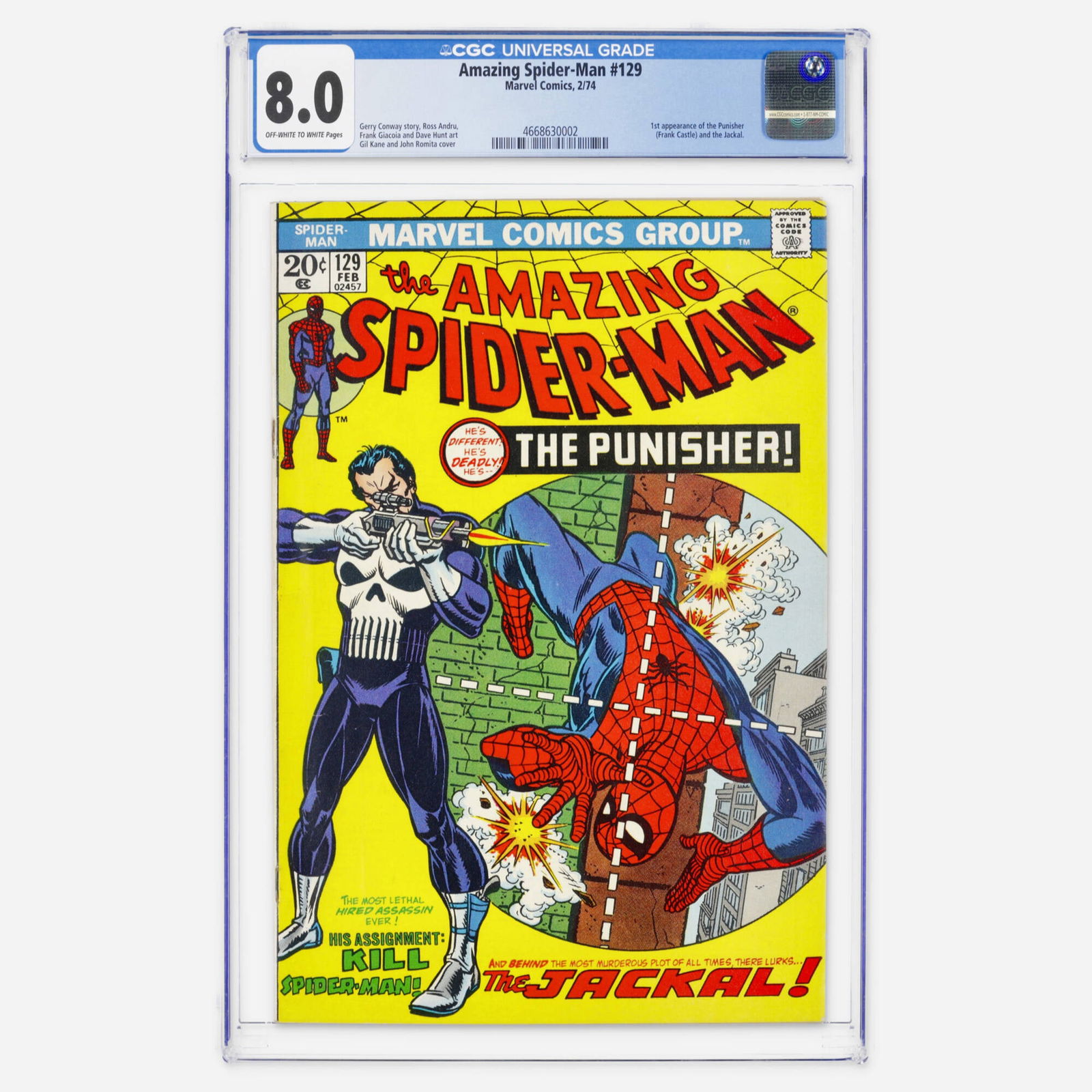 Marvel Comics Amazing Spider-Man #129 CGC 8.0: Marvel Comics Amazing Spider-Man #129 CGC 8.0 USA, 1974 A massive Bronze Age key featuring the first appearance of the Punisher (Frank Castle) and the Jackal. The story is by Gerry Conway with art