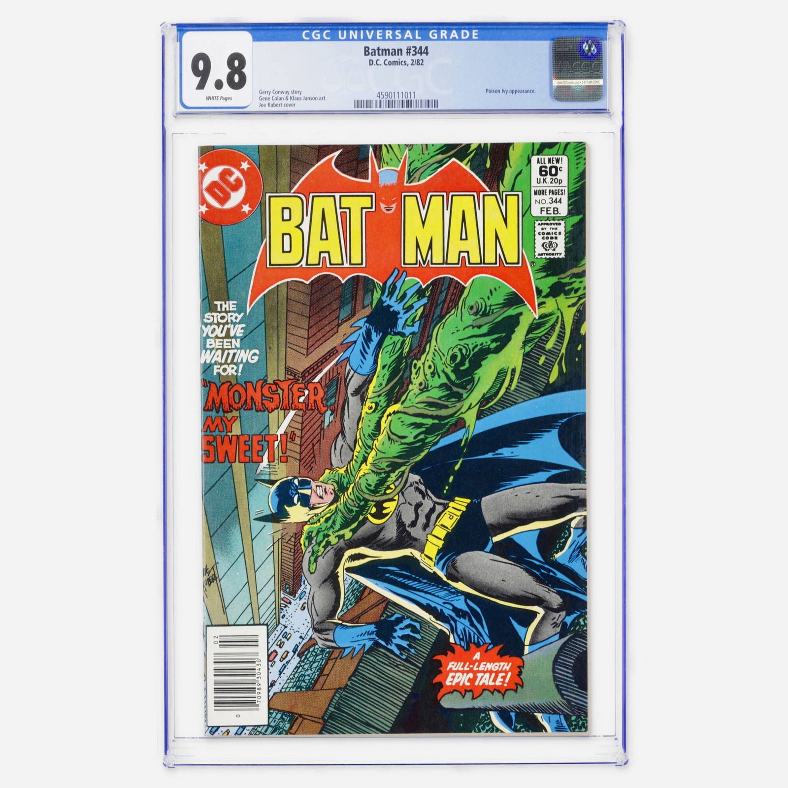 DC Comics Batman #344 CGC 9.8: DC Comics Batman #344 CGC 9.8 USA, 1982 Poison Ivy appears in this Bronze Age adventure written by Gerry Conway. The book features exceptional art by Gene Colan and a cover by the legendary Joe Kubert