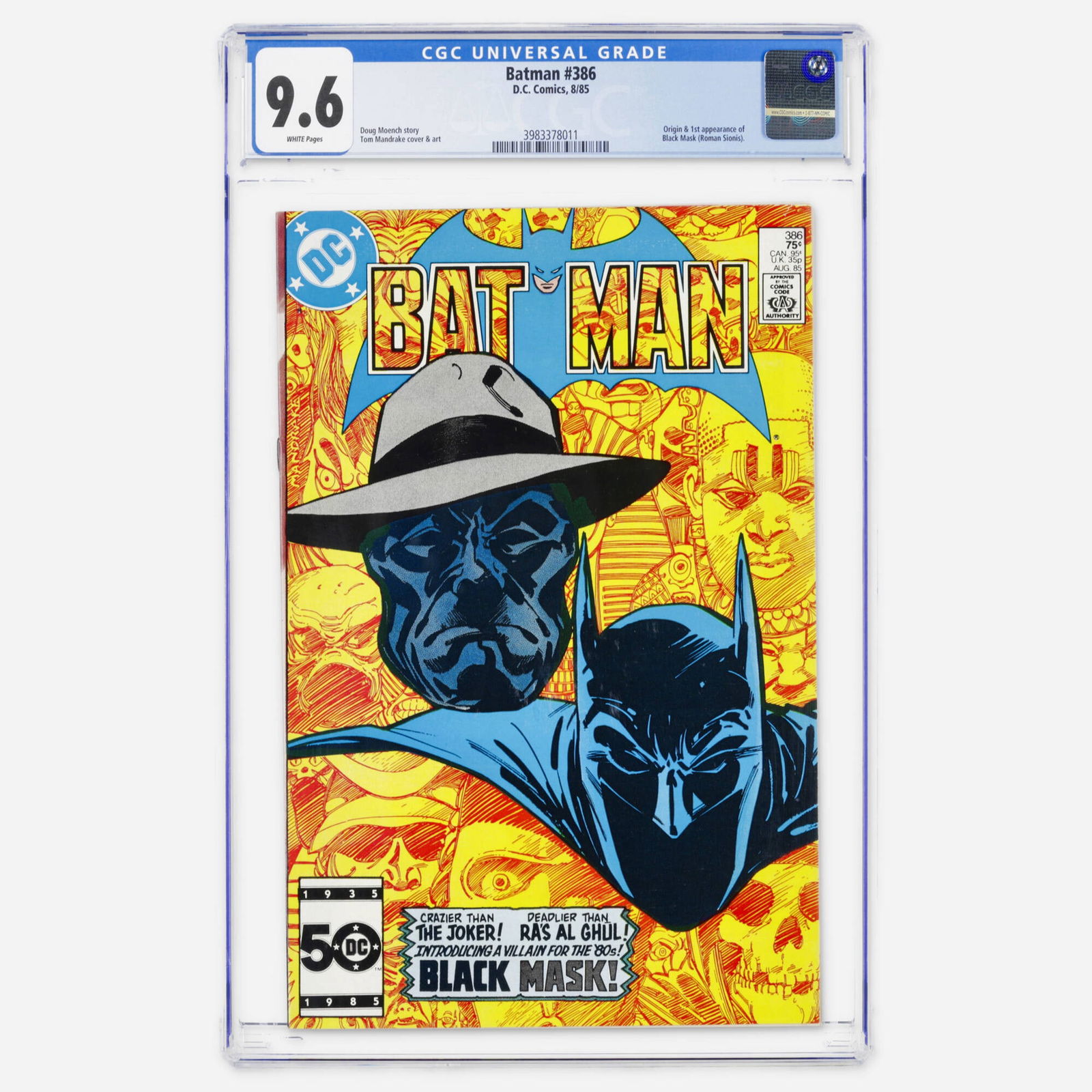 DC Comics Batman #386 CGC 9.6: DC Comics Batman #386 CGC 9.6 USA, 1985 A major Bronze Age milestone featuring the origin and first appearance of Black Mask (Roman Sionis). This classic is written by Doug Moench with atmospheric