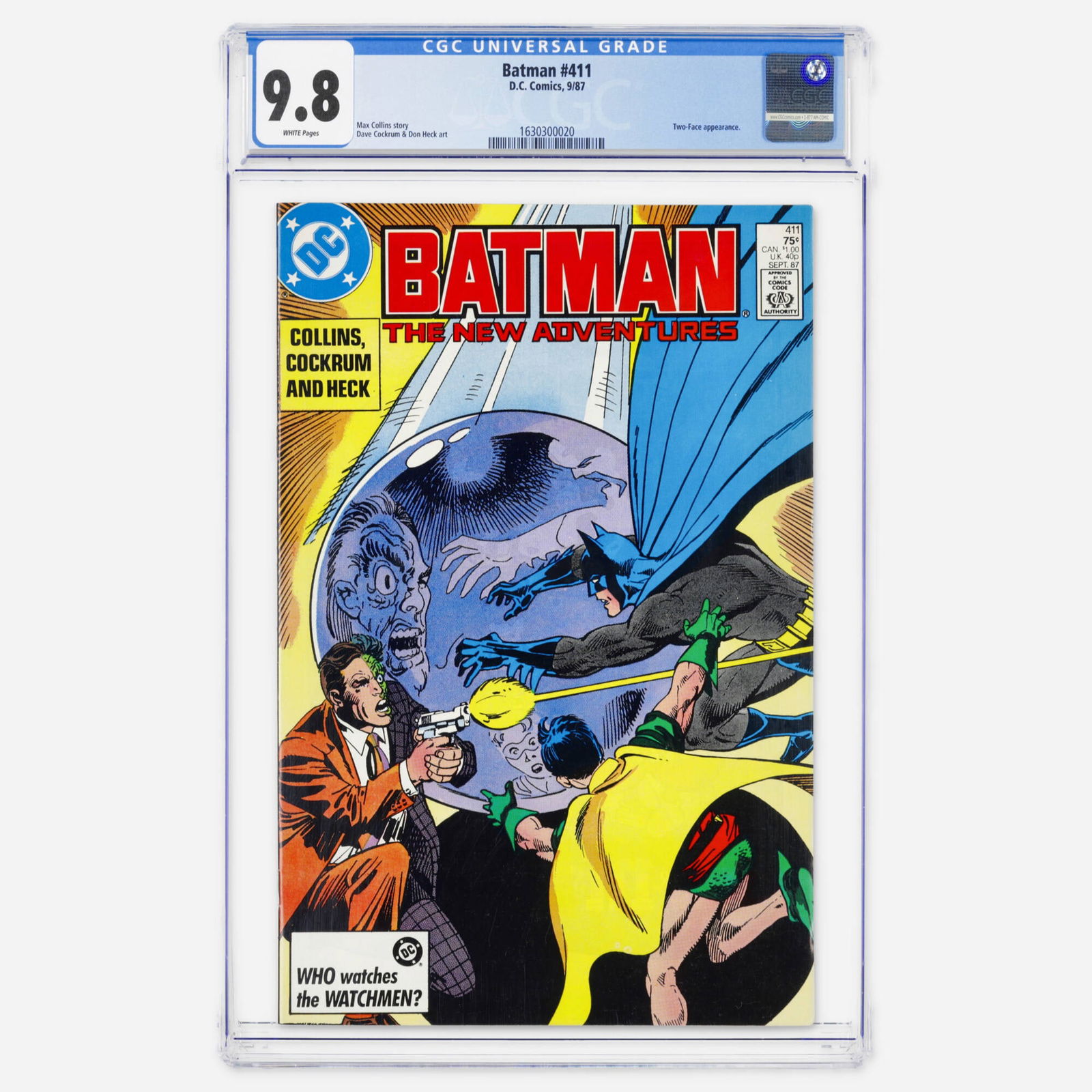 DC Comics Batman #411 CGC 9.8: DC Comics Batman #411 CGC 9.8 USA, 1987 In this Modern Age tale, the Caped Crusader faces off against Two-Face. The issue features a story by Max Collins with artwork by Dave Cockrum and Don Heck.