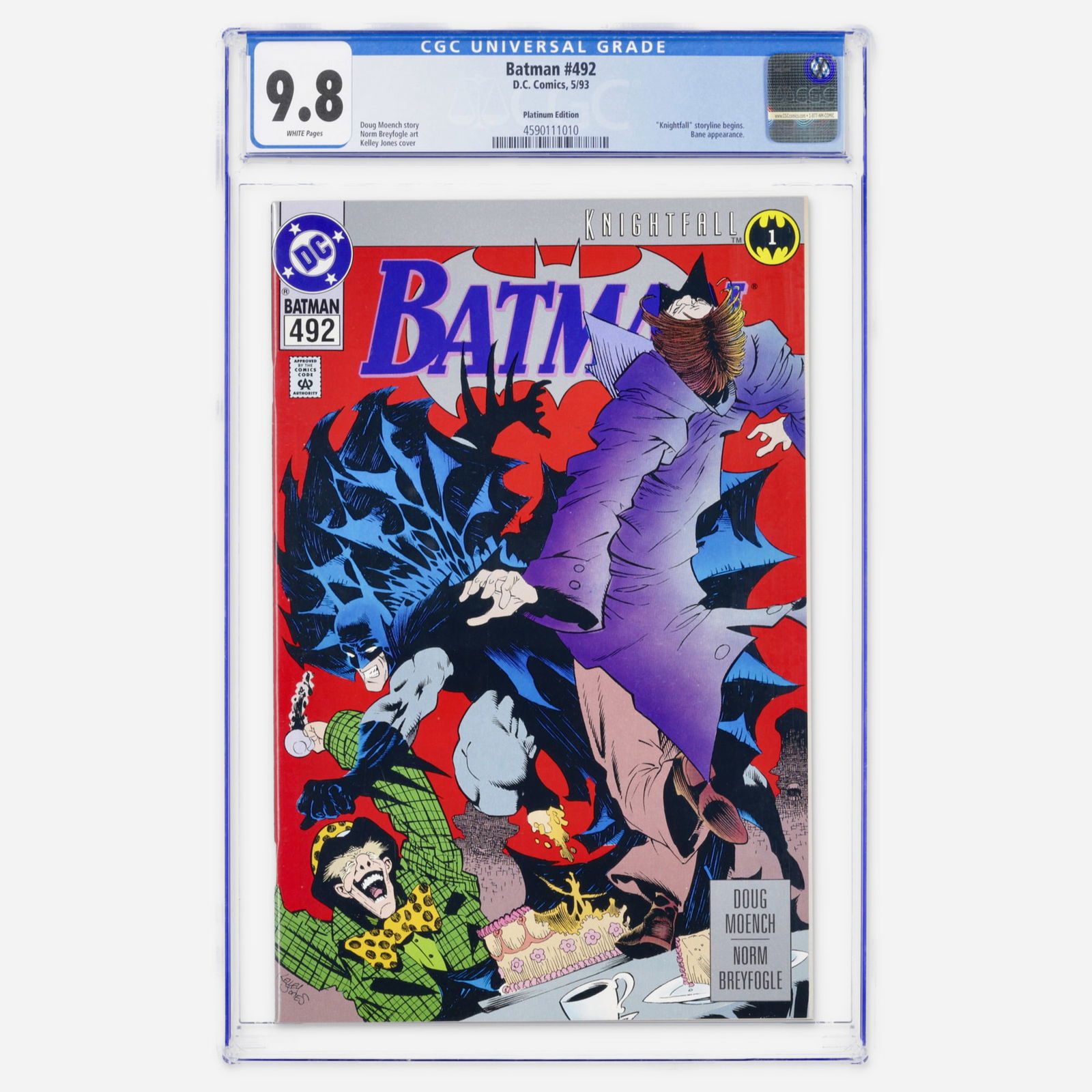DC Comics Batman #492 CGC 9.8 Platinum Edition: DC Comics Batman #492 CGC 9.8 Platinum Edition USA, 1993 This Modern Age Platinum Edition marks the start of the Knightfall storyline and features Bane. This copy represents a significant find, achiev