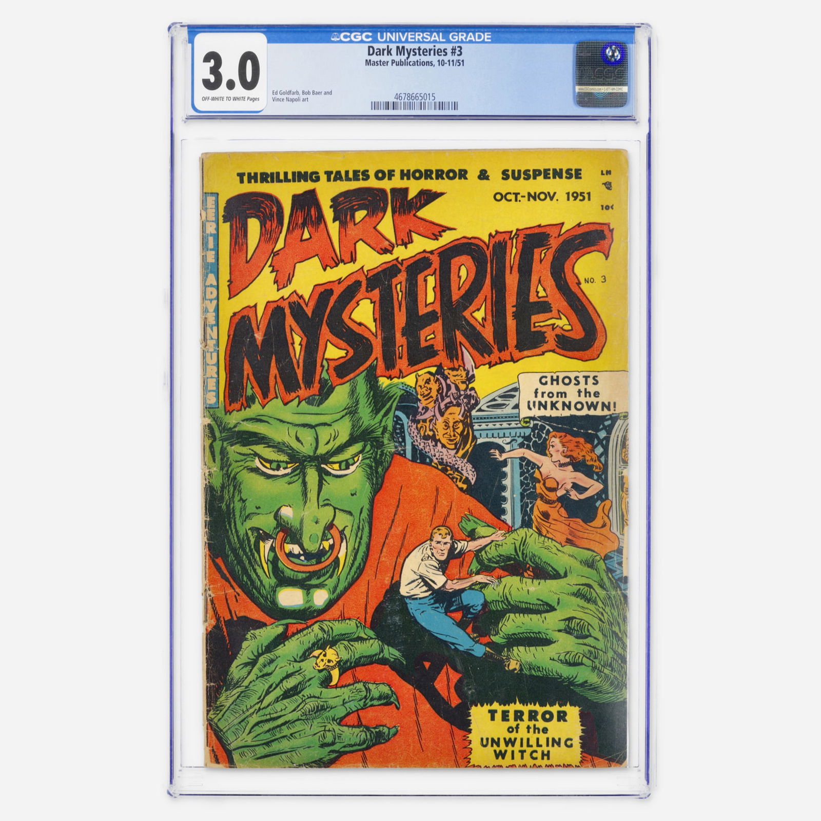 Master Pub. Dark Mysteries #3 CGC 3.0: Master Pub. Dark Mysteries #3 CGC 3.0 USA, 1951 A classic Golden Age Pre-Code Horror title from Master Publications. Despite the lower grade due to spine wear and tears, these early horror books remai