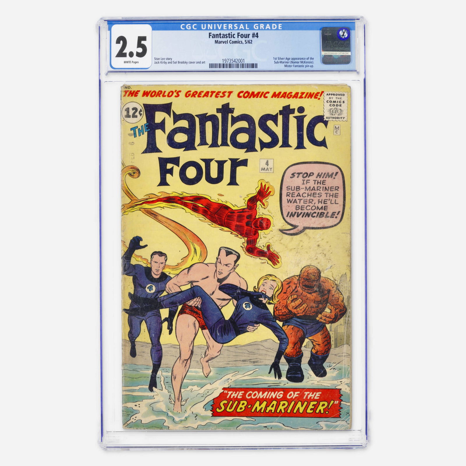 Marvel Comics Fantastic Four #4 CGC 2.5: Marvel Comics Fantastic Four #4 CGC 2.5 USA, 1962 One of the most important comics of all time: the first Silver Age appearance of the Sub-Mariner (Namor). This Stan Lee and Jack Kirby masterpiece cem