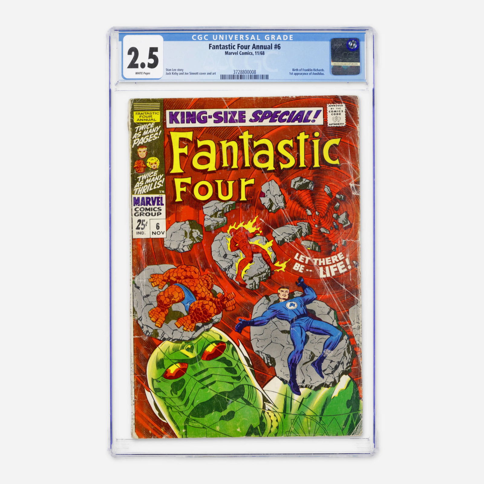 Marvel Comics Fantastic Four Annual #6 CGC 2.5: Marvel Comics Fantastic Four Annual #6 CGC 2.5 USA, 1968 A massive Silver Age key containing the birth of Franklin Richards and the first appearance of Annihilus in the Negative Zone, this issue is es