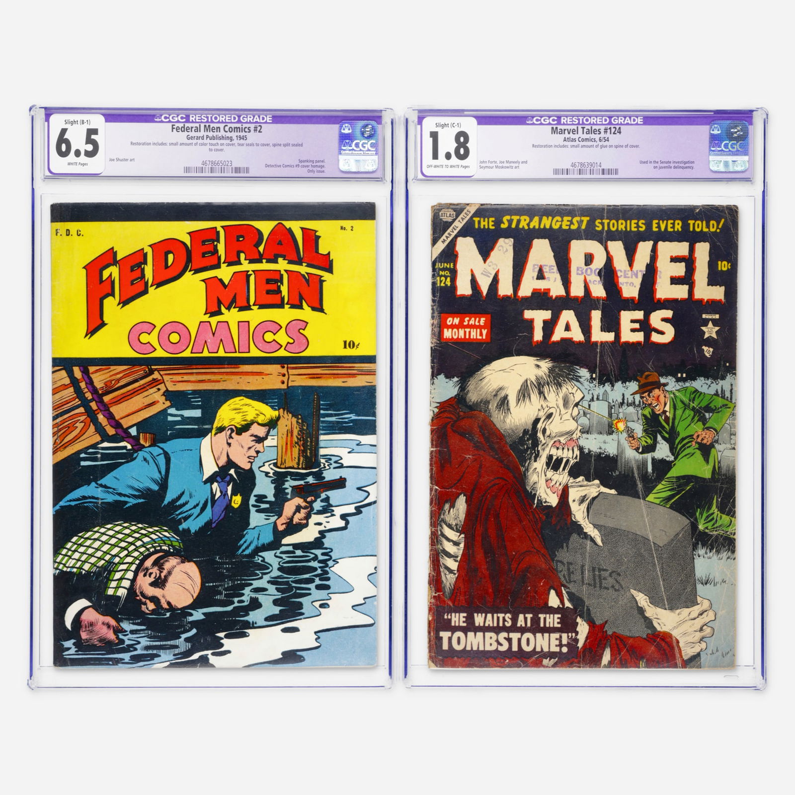 2 Atlas and Gerard Publishing Federal Men Comics #2 and Marvel Tales #124 CGC Restored Group (1 of 2)