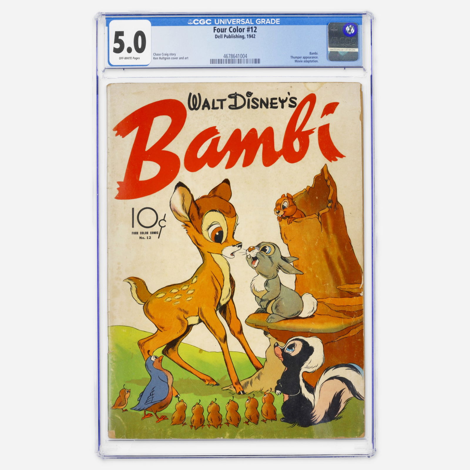 Dell Four Color #12 CGC 5.0: Dell Four Color #12 CGC 5.0 USA, 1942 A rare Golden Age Dell publication featuring the movie adaptation of Disney's Bambi. It includes the appearance of Thumper and features art by Ken Hultgren. CGC#