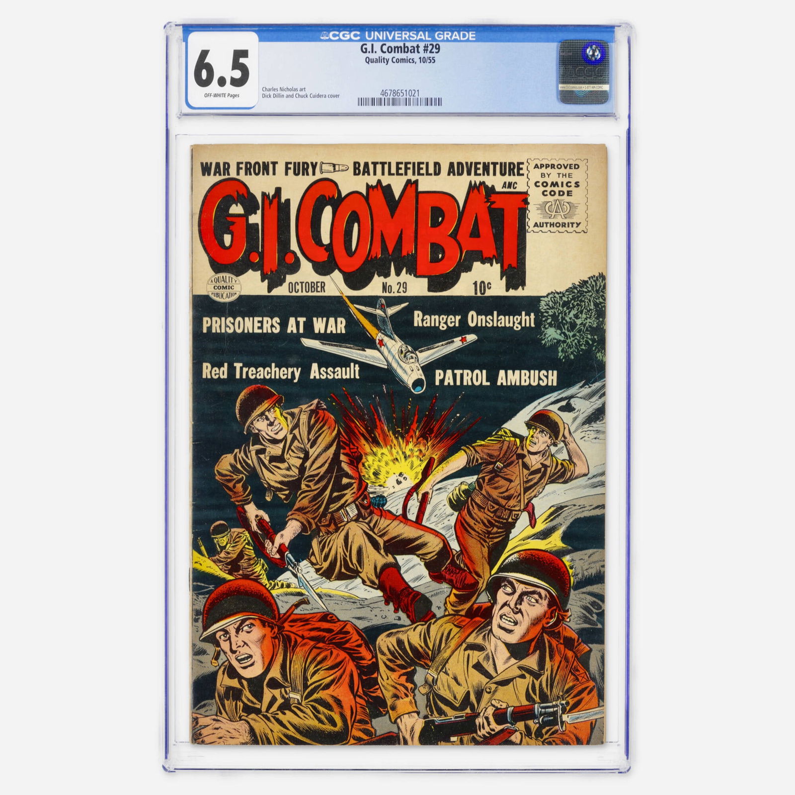 Quality Comics G.I. Combat #29 CGC 6.5: Quality Comics G.I. Combat #29 CGC 6.5 USA, 1955 An early Silver Age war title from Quality Comics before the publisher's assets were sold. Features art by Charles Nicholas and a striking cover by