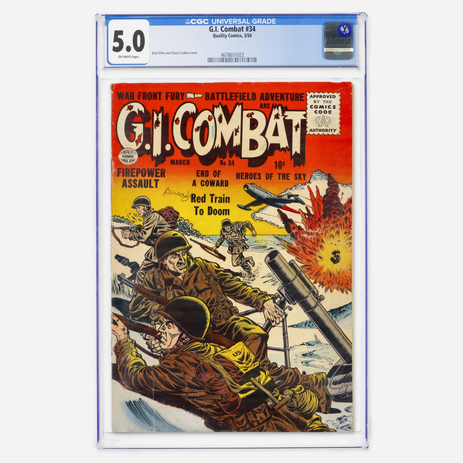 Quality Comics G.I. Combat #34 CGC 5.0: Quality Comics G.I. Combat #34 CGC 5.0 USA, 1956 This mid-50s Silver Age war comic showcases the grit of the era. Despite some staining and creases, it remains a solid example of Quality Comics'