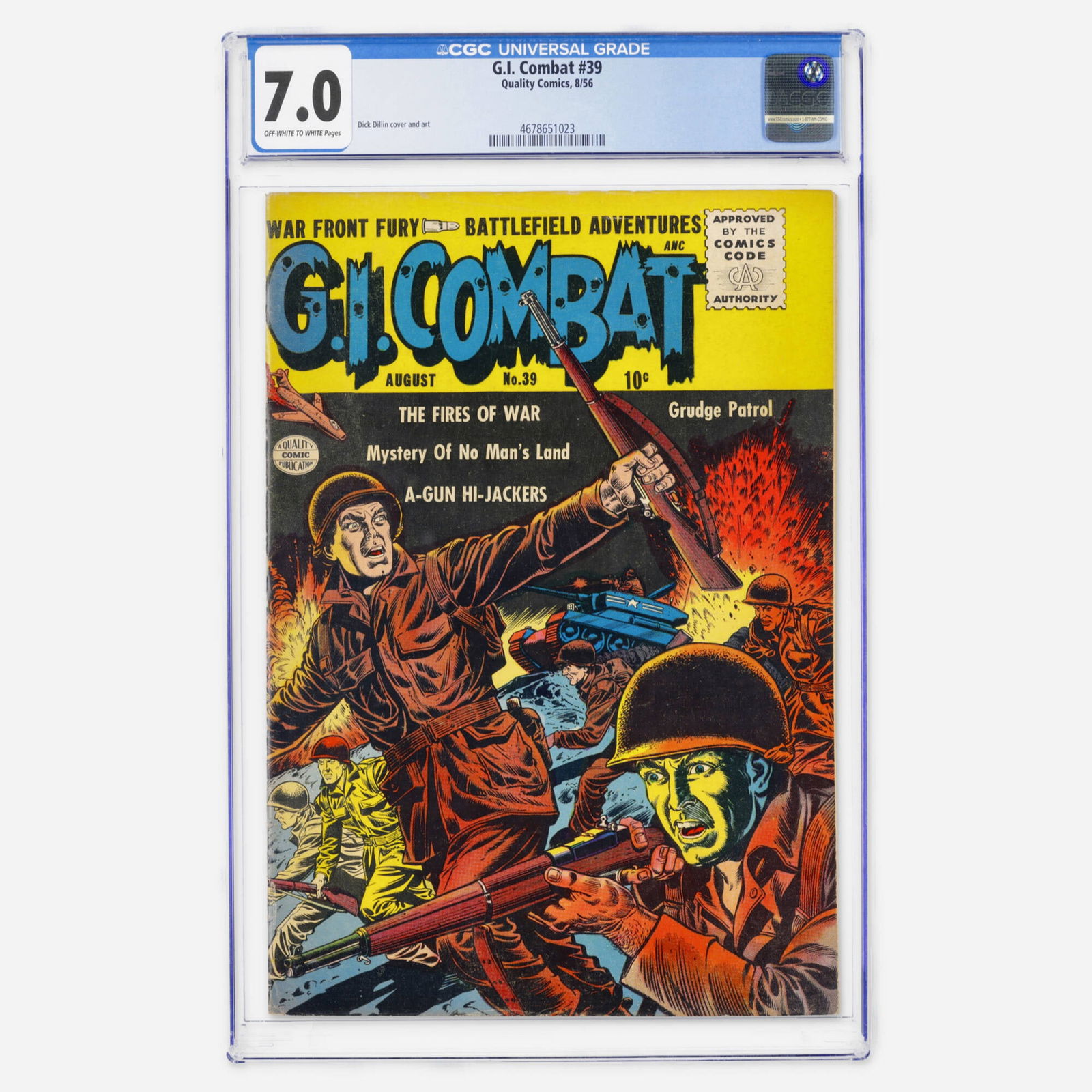 Quality Comics G.I. Combat #39 CGC 7.0: Quality Comics G.I. Combat #39 CGC 7.0 USA, 1956 A well-preserved Silver Age issue from the final year of Quality Comics. Dick Dillin provides both the cover and interior art for this high-action