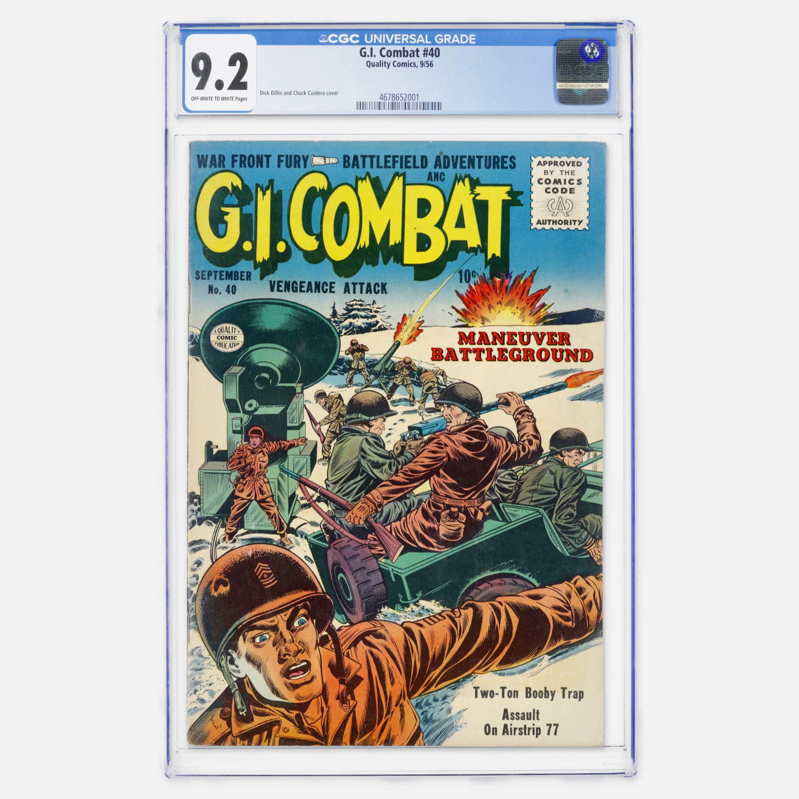Quality Comics G.I. Combat #40 CGC 9.2: Quality Comics G.I. Combat #40 CGC 9.2 USA, 1956 A spectacular Top Population copy. This 9.2 is currently the highest-graded copy on the CGC census, making it a best-known survivor of this Silver