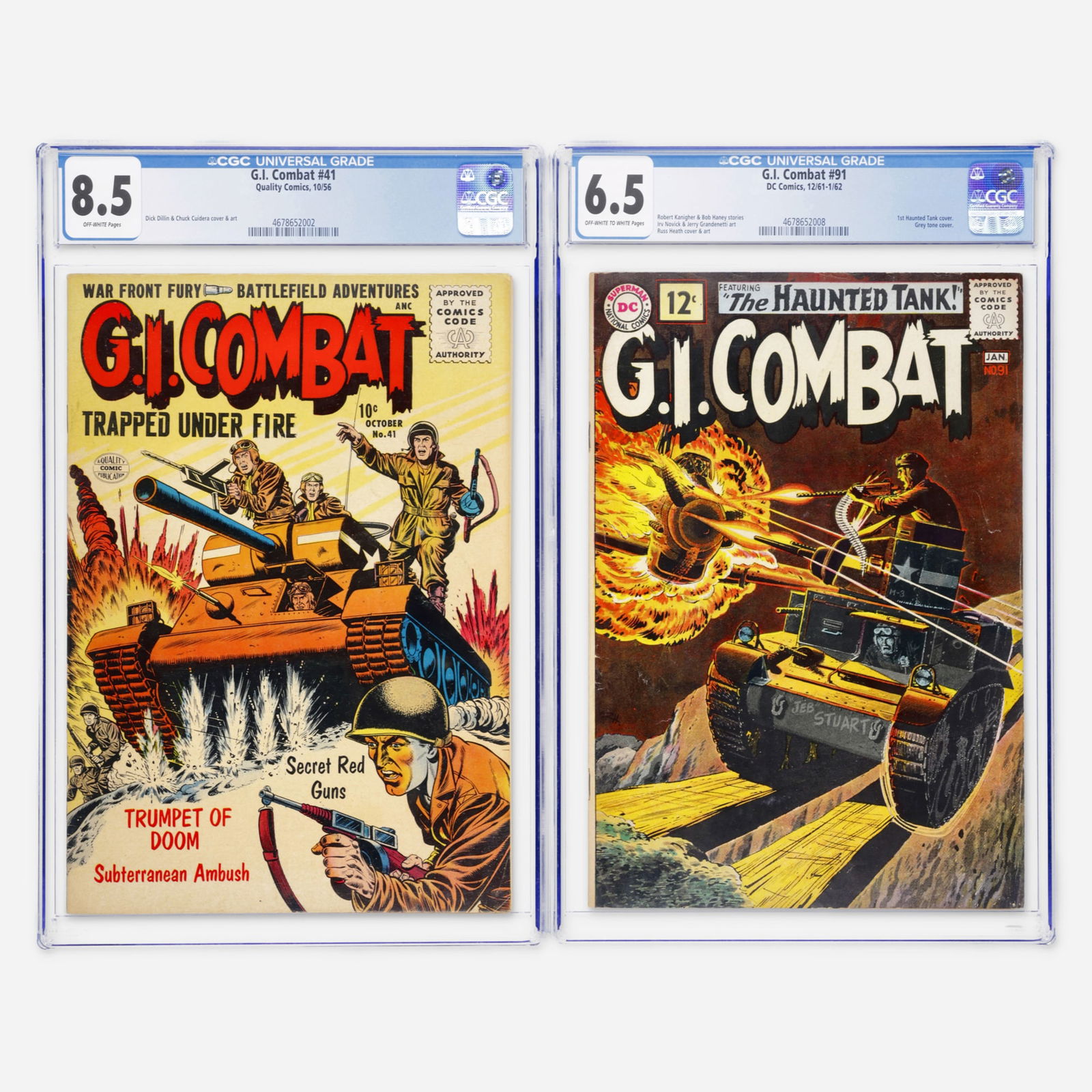 2 DC and Quality Comics G.I. Combat #41 and #91 CGC Group: 2 DC and Quality Comics G.I. Combat #41 and #91 CGC Group USA, 20th Century Quality Comics G.I. Combat #41 CGC 8.5 (10/56) CGC#: 4678652002Population: 1 in 8.5, 0 higher Grader Notes: crease left