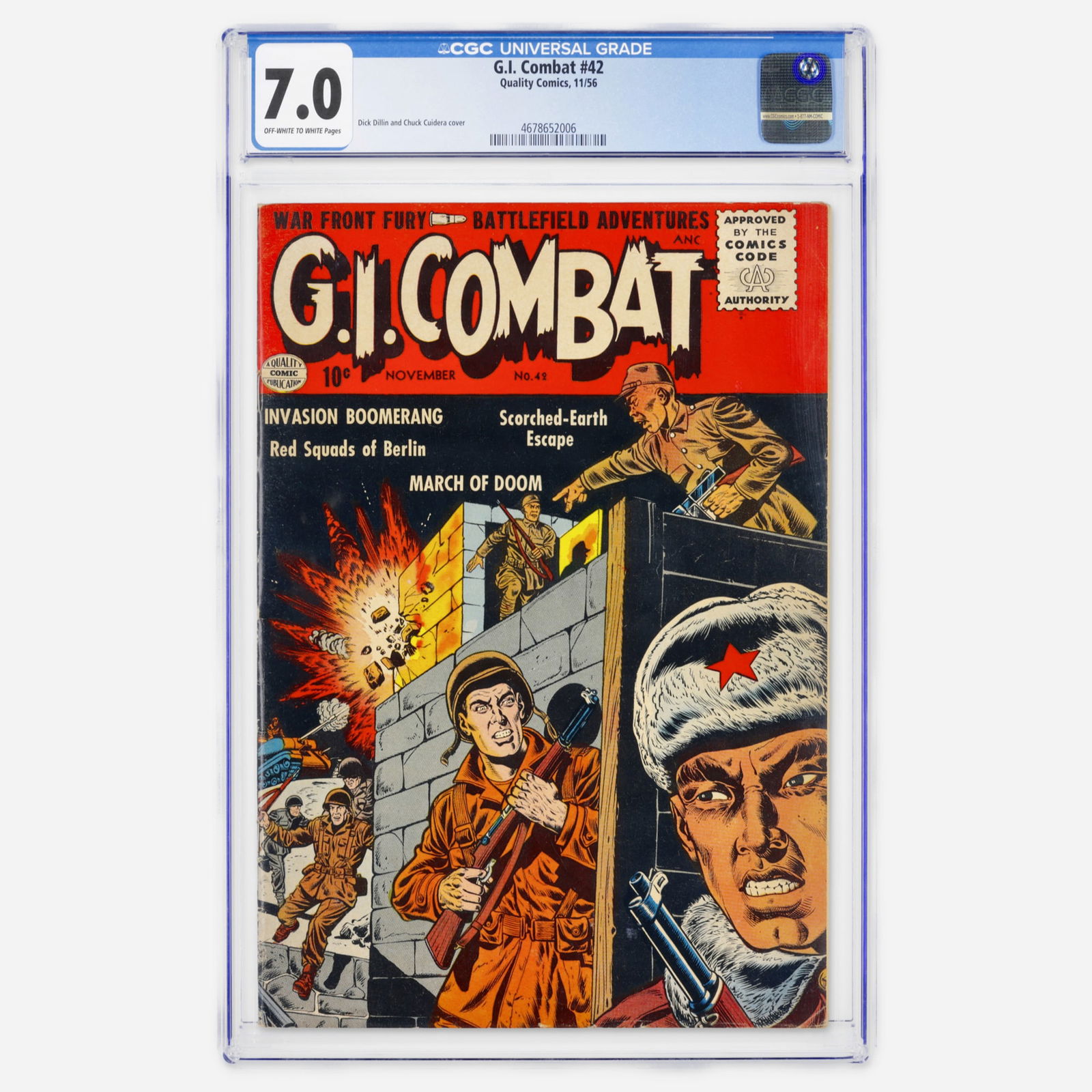 Quality Comics G.I. Combat #42 CGC 7.0: Quality Comics G.I. Combat #42 CGC 7.0 USA, 1956 Another strong Silver Age survivor from Quality. The synergy between Dick Dillin and Chuck Cuidera on the cover art defines the classic look of 1950s w