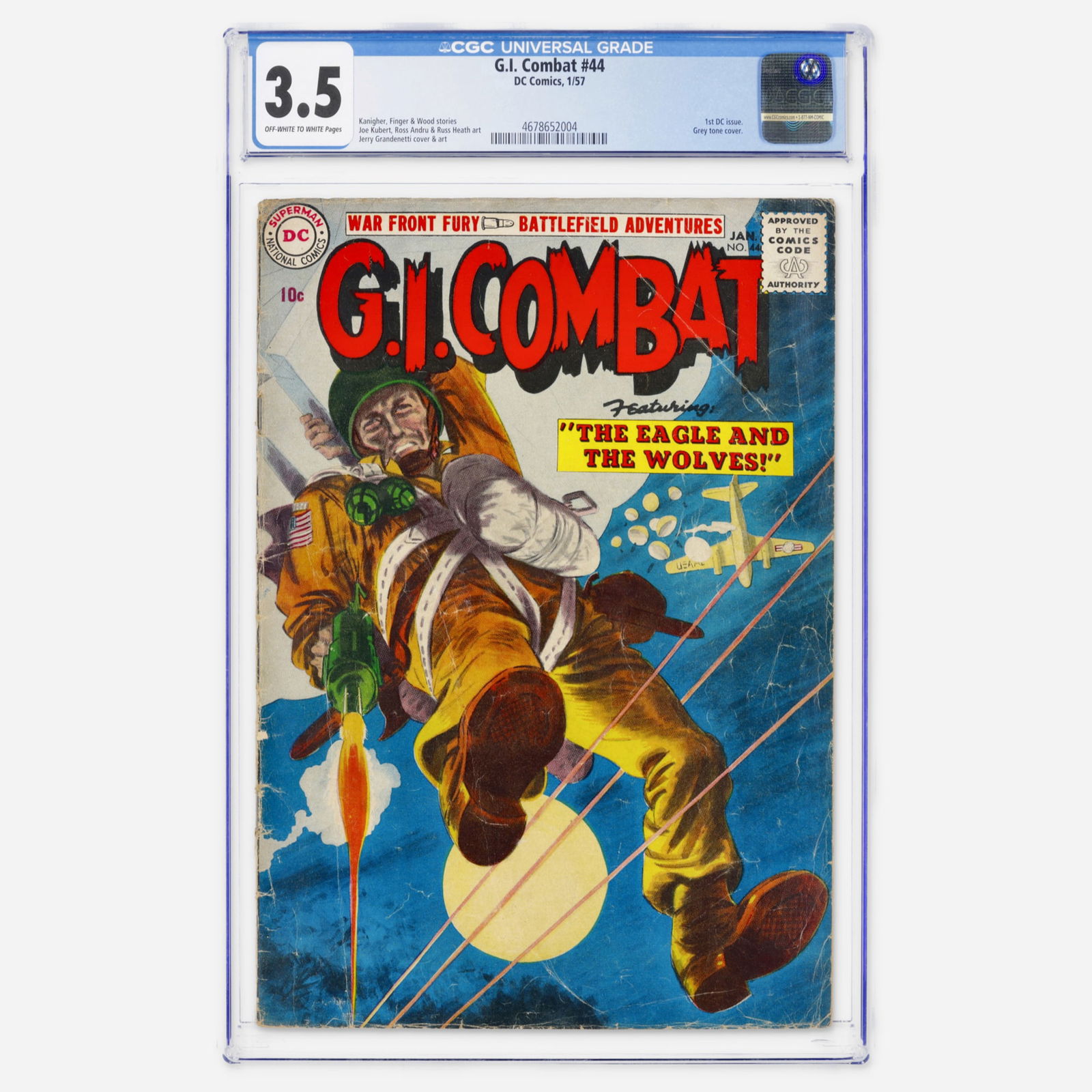 DC Comics G.I. Combat #44 CGC 3.5: DC Comics G.I. Combat #44 CGC 3.5 USA, 1957 A major Silver Age transition key: the first issue published by DC Comics. Featuring a distinctive grey-tone cover by Jerry Grandenetti and art by the