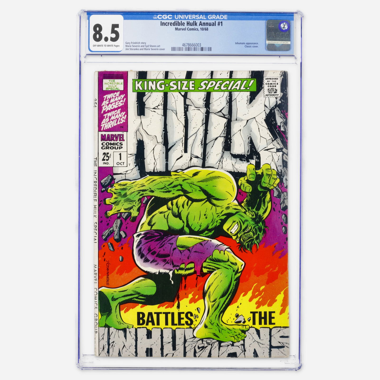 Marvel Comics Incredible Hulk Annual #1 CGC 8.5: Marvel Comics Incredible Hulk Annual #1 CGC 8.5 USA, 1968 A high-grade Silver Age landmark featuring a classic Jim Steranko cover. This first Hulk Annual includes an Inhumans appearance and interior a