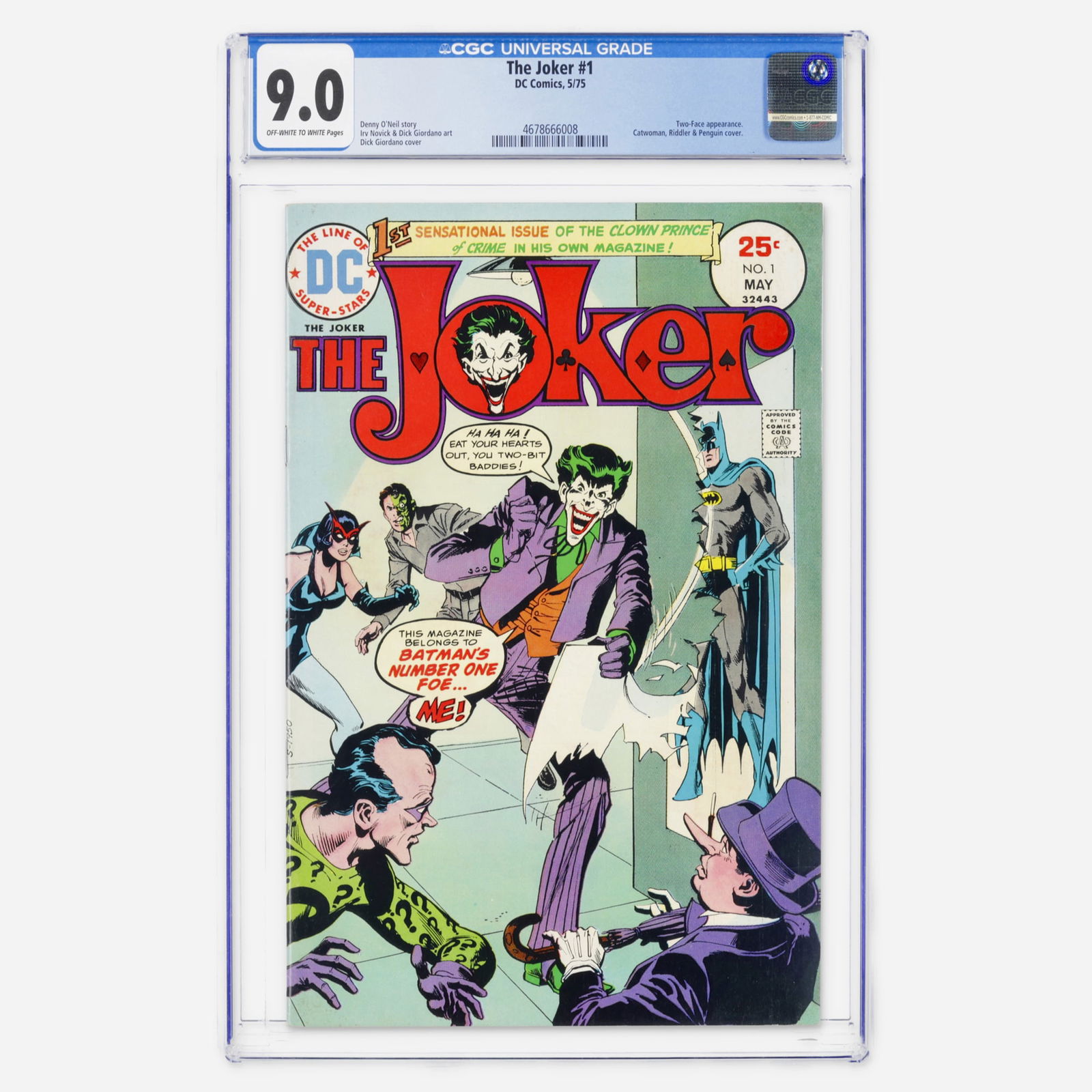 DC Comics The Joker #1 CGC 9.0: DC Comics The Joker #1 CGC 9.0 USA, 1975 This Bronze Age premiere marks the Joker's first solo title. The issue features a Two-Face appearance and an iconic rogues gallery cover by Dick Giordano