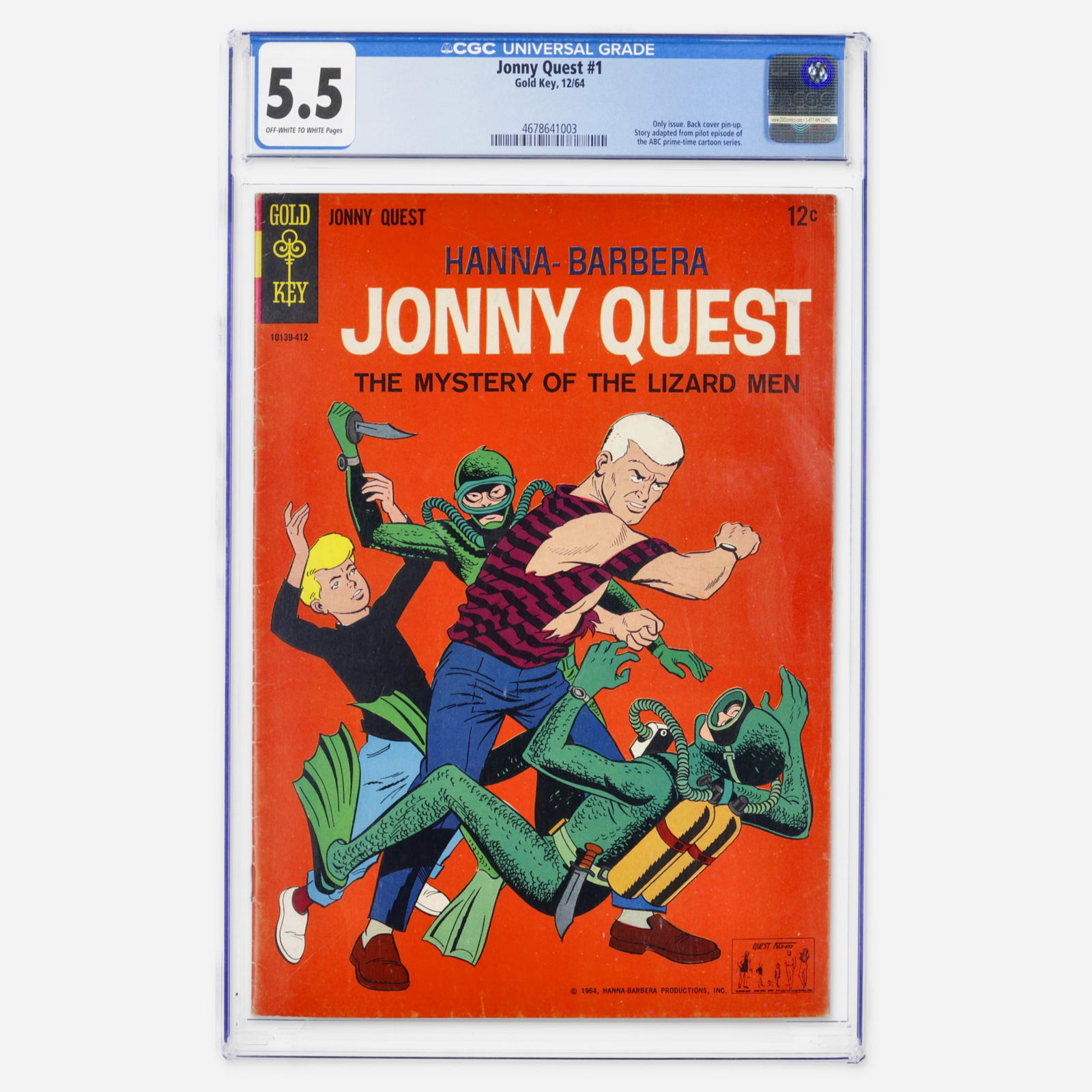 Gold Key Jonny Quest #1 CGC 5.5: Gold Key Jonny Quest #1 CGC 5.5 USA, 1964 The only issue of this Silver Age series, featuring a story adapted from the ABC prime-time cartoon pilot. Includes a classic back cover pin-up of the