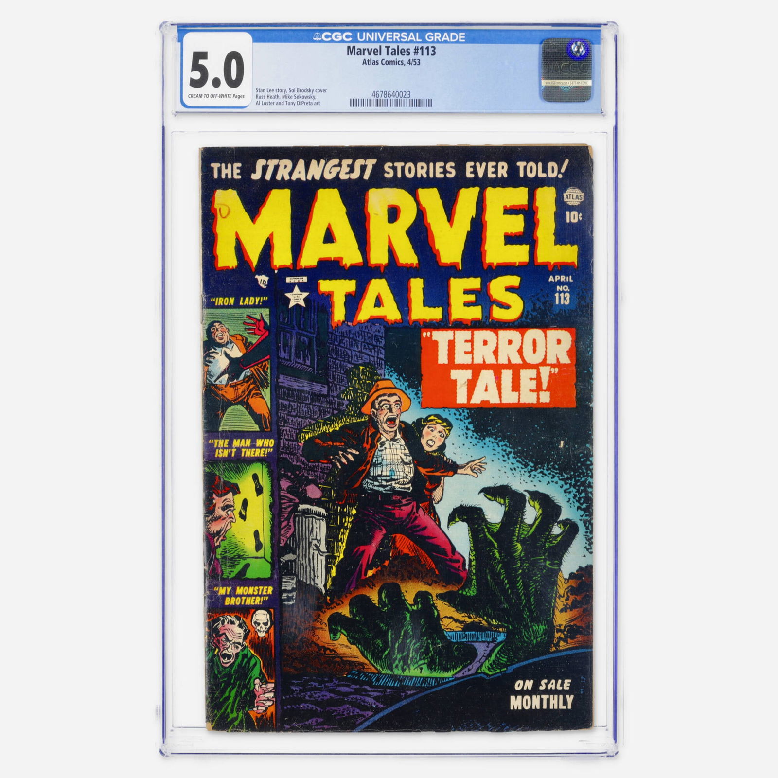 Atlas Comics Marvel Tales #113 CGC 5.0: Atlas Comics Marvel Tales #113 CGC 5.0 USA, 1953 A Golden Age Atlas anthology featuring a story by Stan Lee and a cover by Sol Brodsky. Interior art contributions include Russ Heath and Mike Sekowsky.
