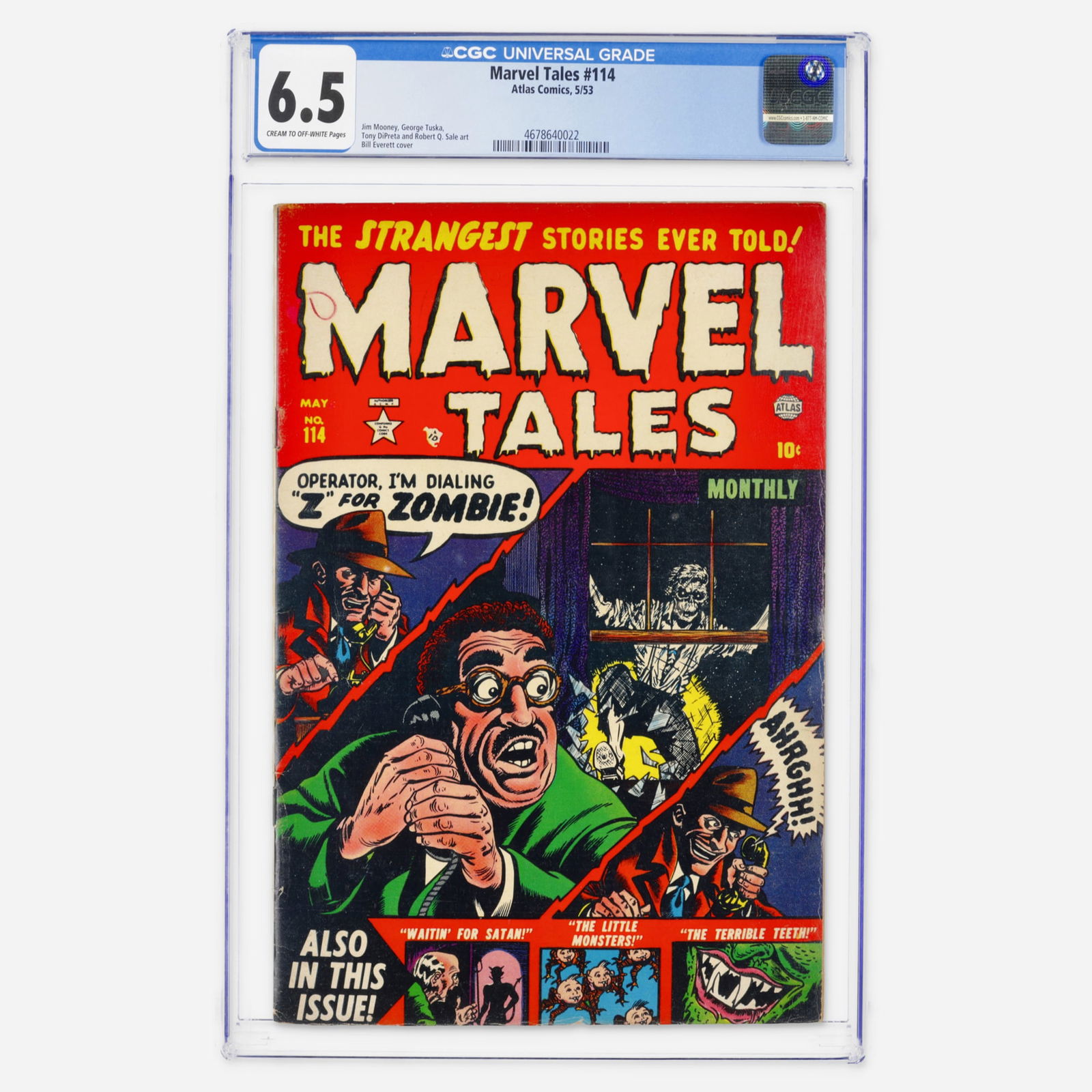 Atlas Comics Marvel Tales #114 CGC 6.5: Atlas Comics Marvel Tales #114 CGC 6.5 USA, 1953 This Golden Age issue features a cover by Bill Everett and art by Jim Mooney and George Tuska. This copy represents a significant find, achieving the h