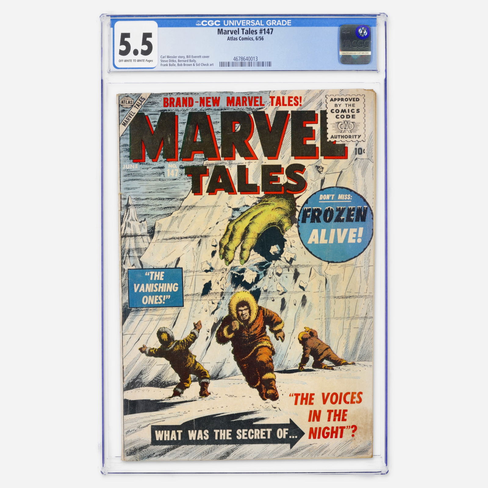 Atlas Comics Marvel Tales #147 CGC 5.5: Atlas Comics Marvel Tales #147 CGC 5.5 USA, 1956 This Silver Age issue is notable for interior art by the legendary Steve Ditko. It also features a cover by Bill Everett and a story by Carl Wessler. C