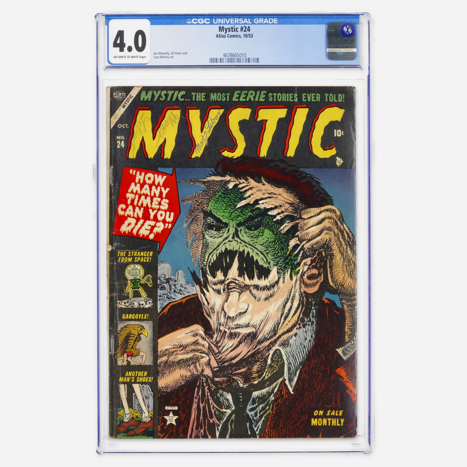 Atlas Comics Mystic #24 CGC 4.0: Atlas Comics Mystic #24 CGC 4.0 USA, 1953 A Golden Age pre-code horror/mystery book from Atlas, it features the artistic talents of Joe Maneely and Gil Kane. CGC#: 4678665010 Population: