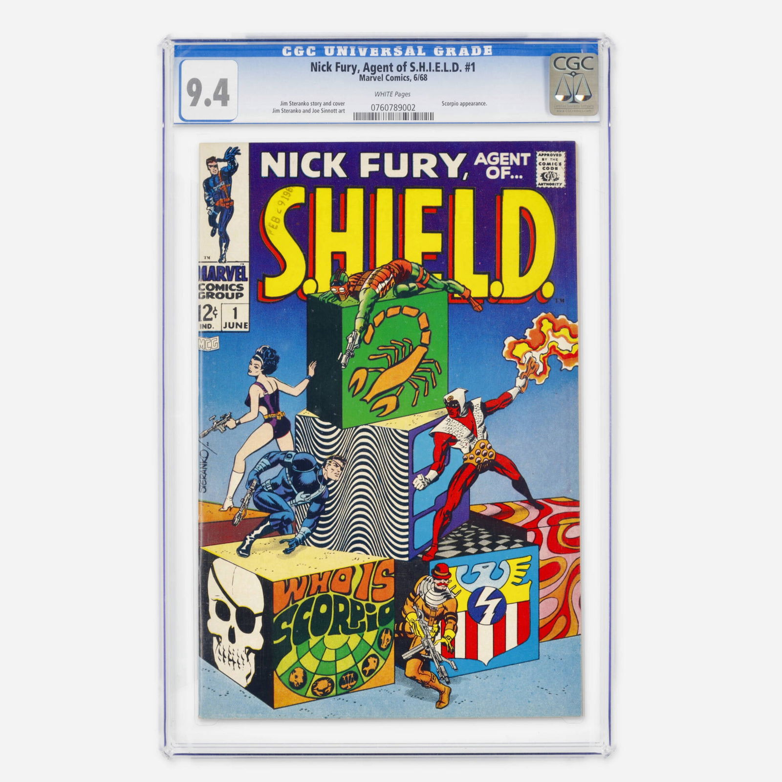 Marvel Comics Nick Fury, Agent of S.H.I.E.L.D. #1 CGC 9.4: Marvel Comics Nick Fury, Agent of S.H.I.E.L.D. #1 CGC 9.4 USA, 1968 A high-grade Silver Age premiere featuring the psychedelic and cinematic storytelling of Jim Steranko. This first issue includes a S