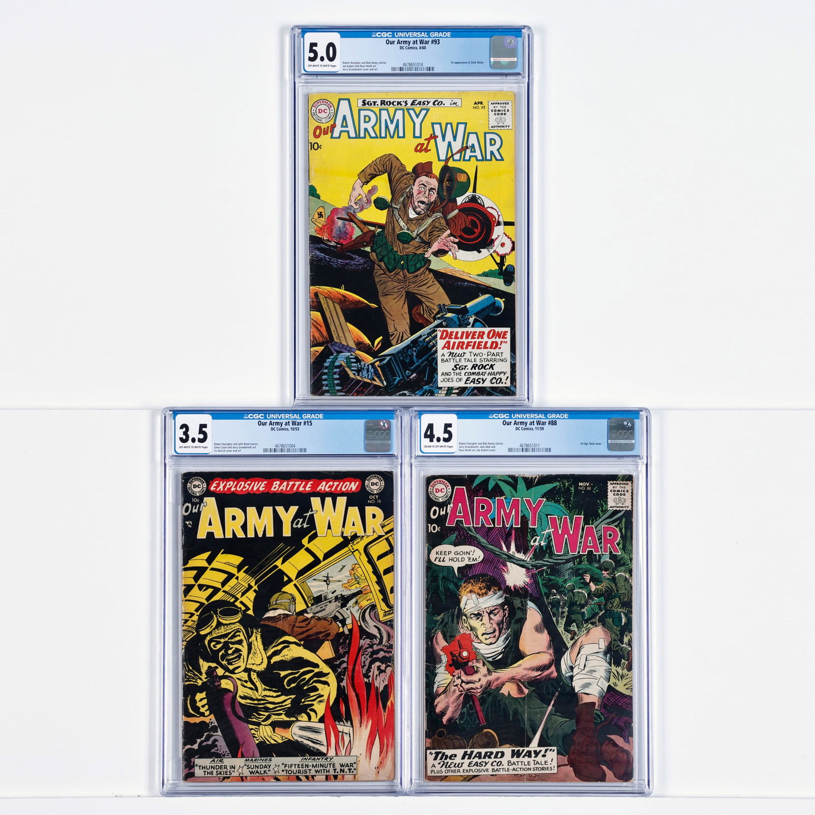 3 DC Comics Our Army at War #15-#93 CGC Group: 3 DC Comics Our Army at War #15-#93 CGC Group USA, 20th Century DC Comics Our Army at War #15 CGC 3.5 (10/53) CGC#: 4678651004Population: 1 in 3.5, 15 higher