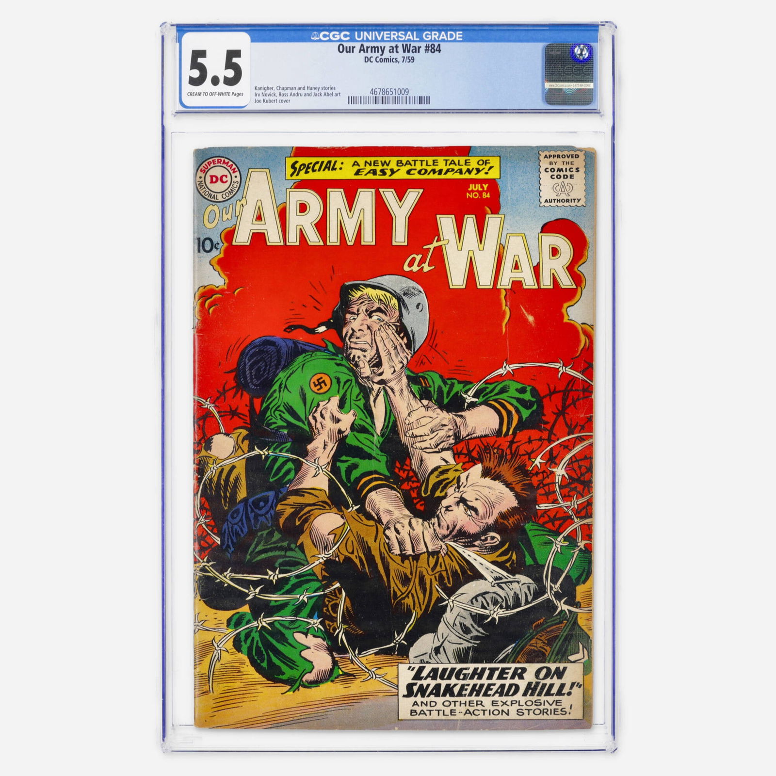 DC Comics Our Army at War #84 CGC 5.5: DC Comics Our Army at War #84 CGC 5.5 USA, 1959 This Silver Age war book features a powerful Joe Kubert cover. Interior stories by Robert Kanigher and Hank Chapman are illustrated by Irv Novick and Ro