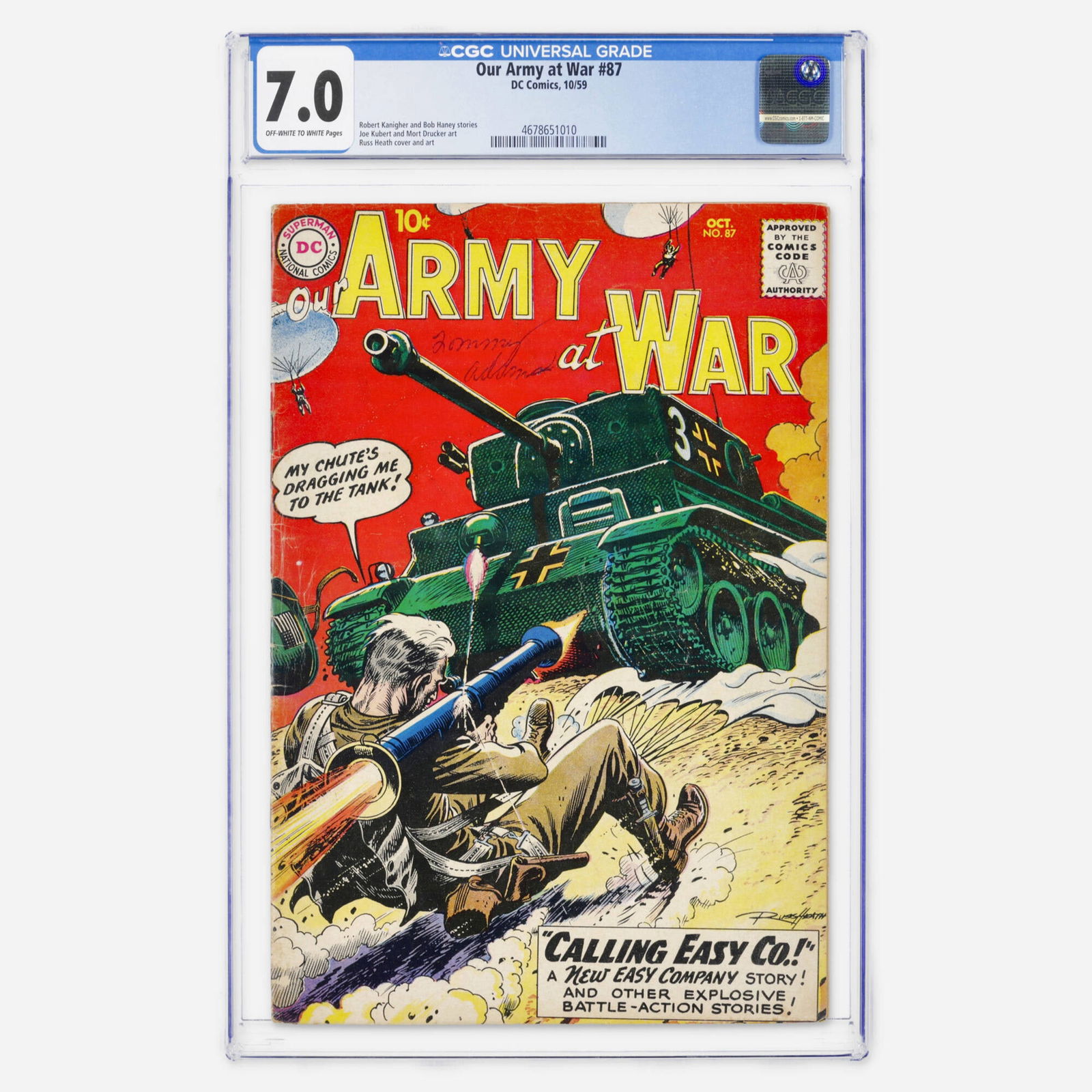 DC Comics Our Army at War #87 CGC 7.0: DC Comics Our Army at War #87 CGC 7.0 USA, 1959 A high-grade Silver Age issue featuring a Russ Heath cover and art. This book is a showcase for the grit of military comics, with additional interior wo
