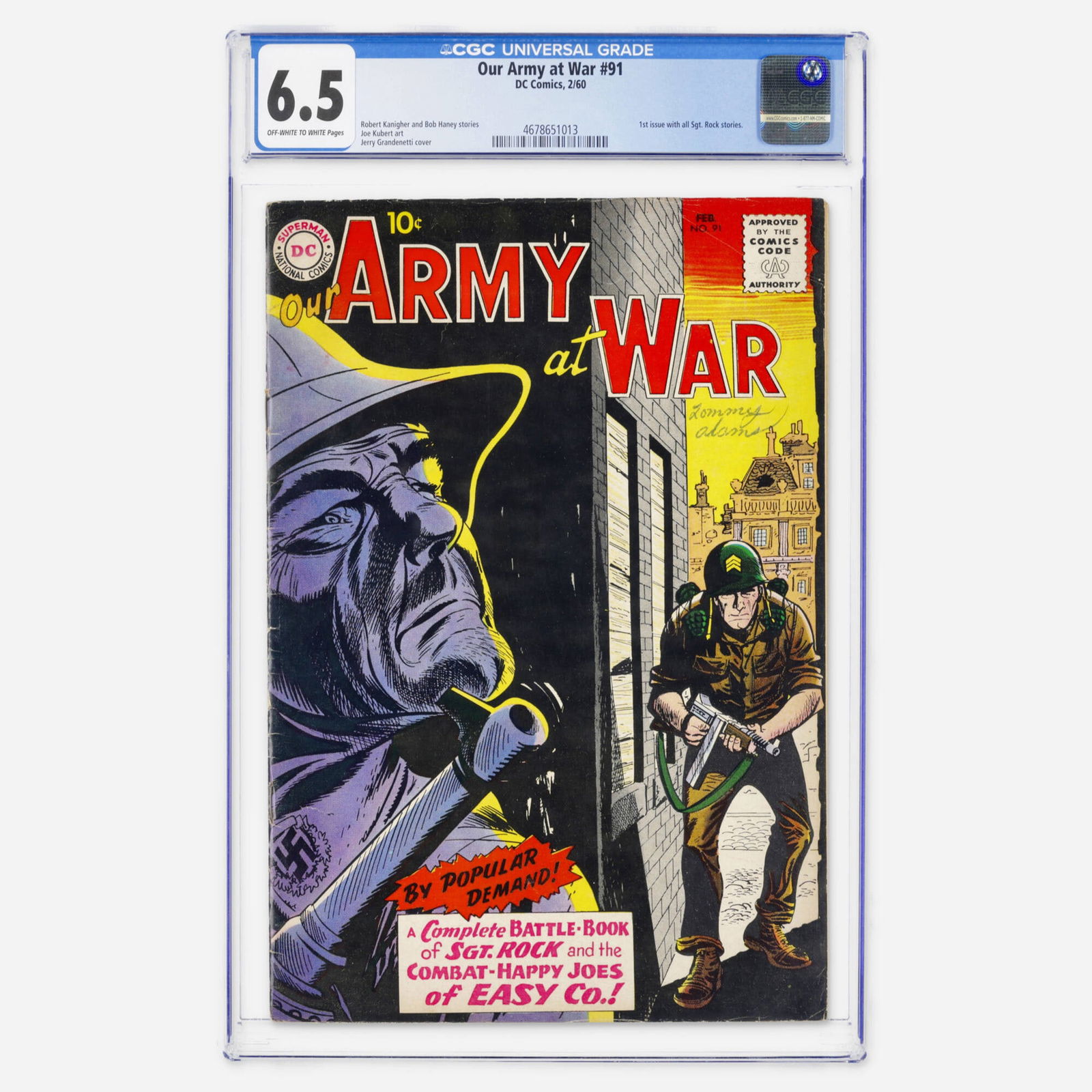 DC Comics Our Army at War #91 CGC 6.5: DC Comics Our Army at War #91 CGC 6.5 USA, 1960 This Silver Age milestone is the first issue with all Sgt. Rock stories. It features interior art by the legendary Joe Kubert and a cover by Jerry Grand