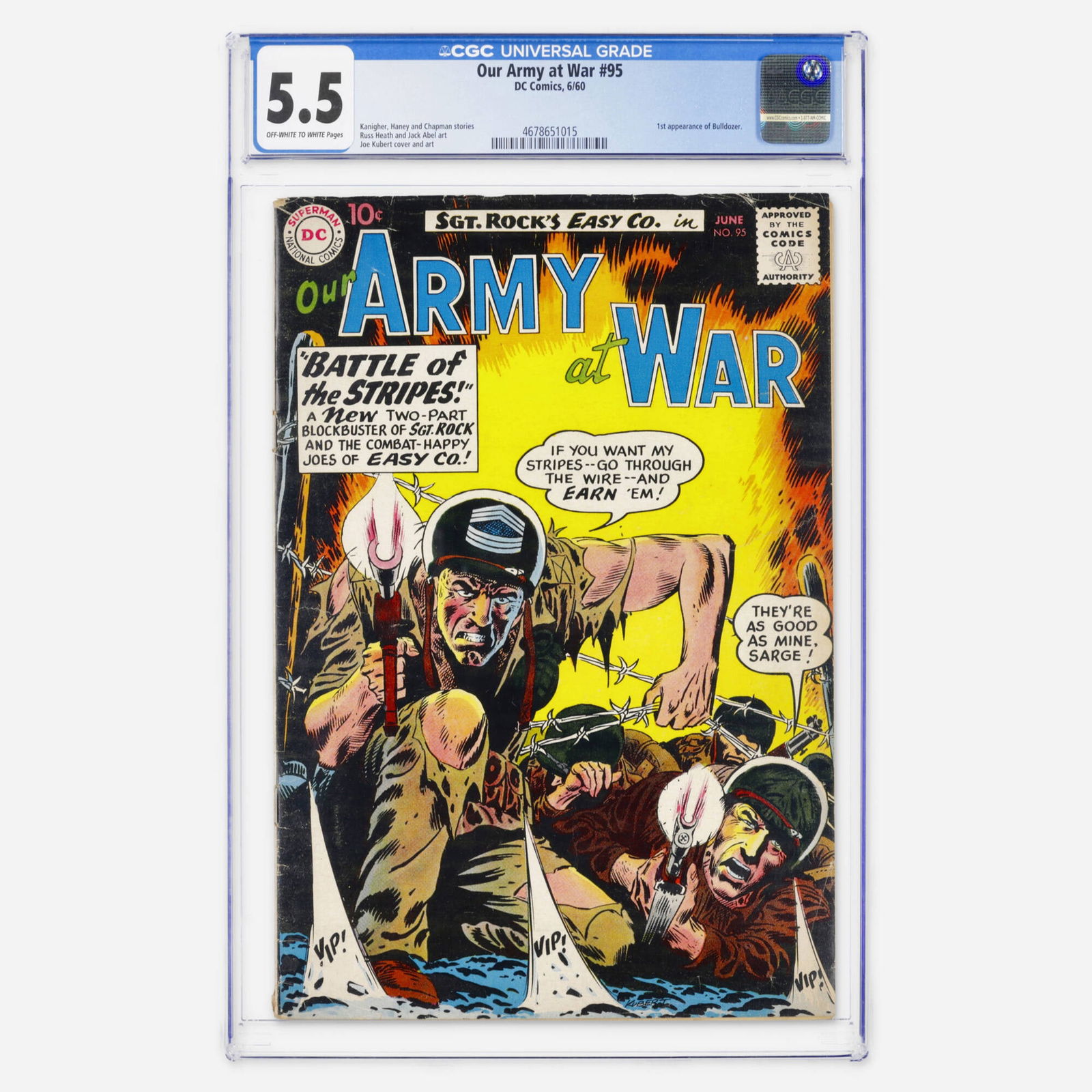 DC Comics Our Army at War #95 CGC 5.5: DC Comics Our Army at War #95 CGC 5.5 USA, 1960 A vital Silver Age key featuring the first appearance of Bulldozer. The book showcases a Joe Kubert cover and art, with additional interior work by Russ