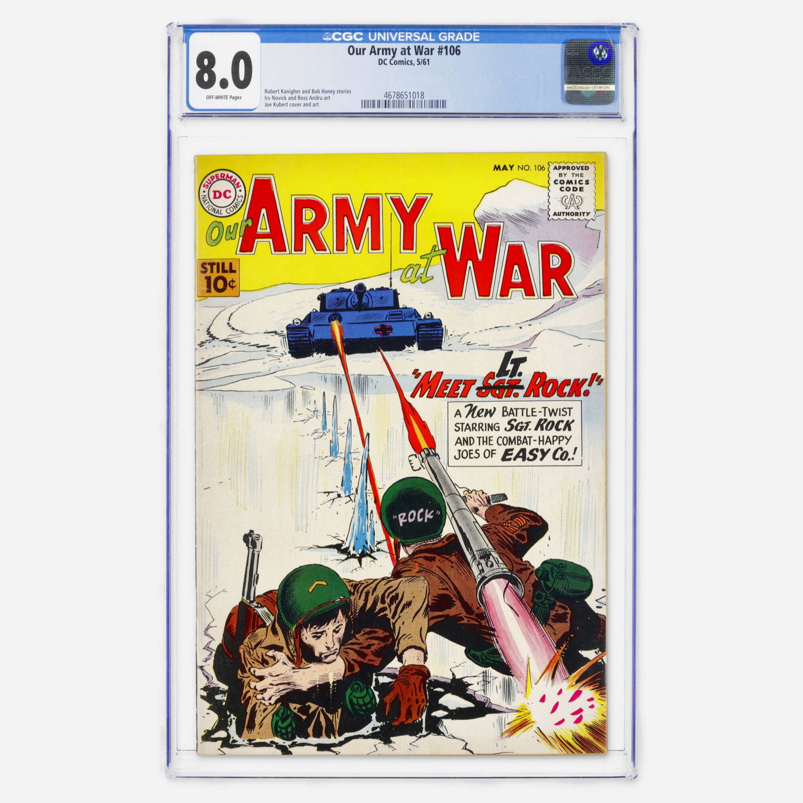 DC Comics Our Army at War #106 CGC 8.0: DC Comics Our Army at War #106 CGC 8.0 USA, 1961 A beautifully preserved Silver Age war issue with a cover and art by the definitive war artist Joe Kubert. The interior features stories by Robert Kani