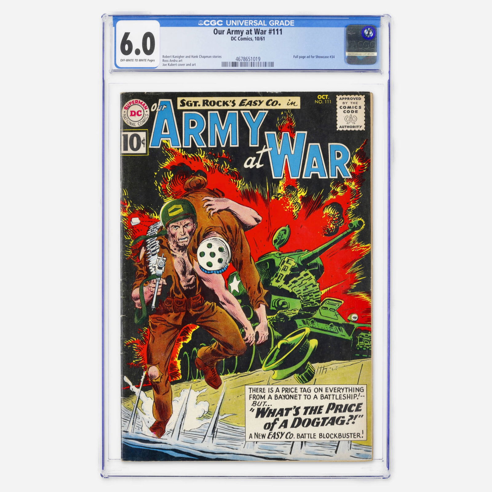 DC Comics Our Army at War #111 CGC 6.0: DC Comics Our Army at War #111 CGC 6.0 USA, 1961 A classic Silver Age DC war title featuring the artistic mastery of Joe Kubert and Ross Andru. This issue is also notable for containing a