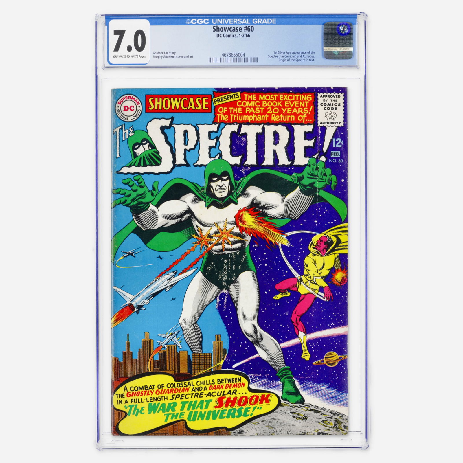 DC Comics Showcase #60 CGC 7.0: DC Comics Showcase #60 CGC 7.0 USA, 1966 A major Silver Age key containing the first Silver Age appearance of the Spectre (Jim Corrigan) and Azmodus. It is written by Gardner Fox with definitive Murph