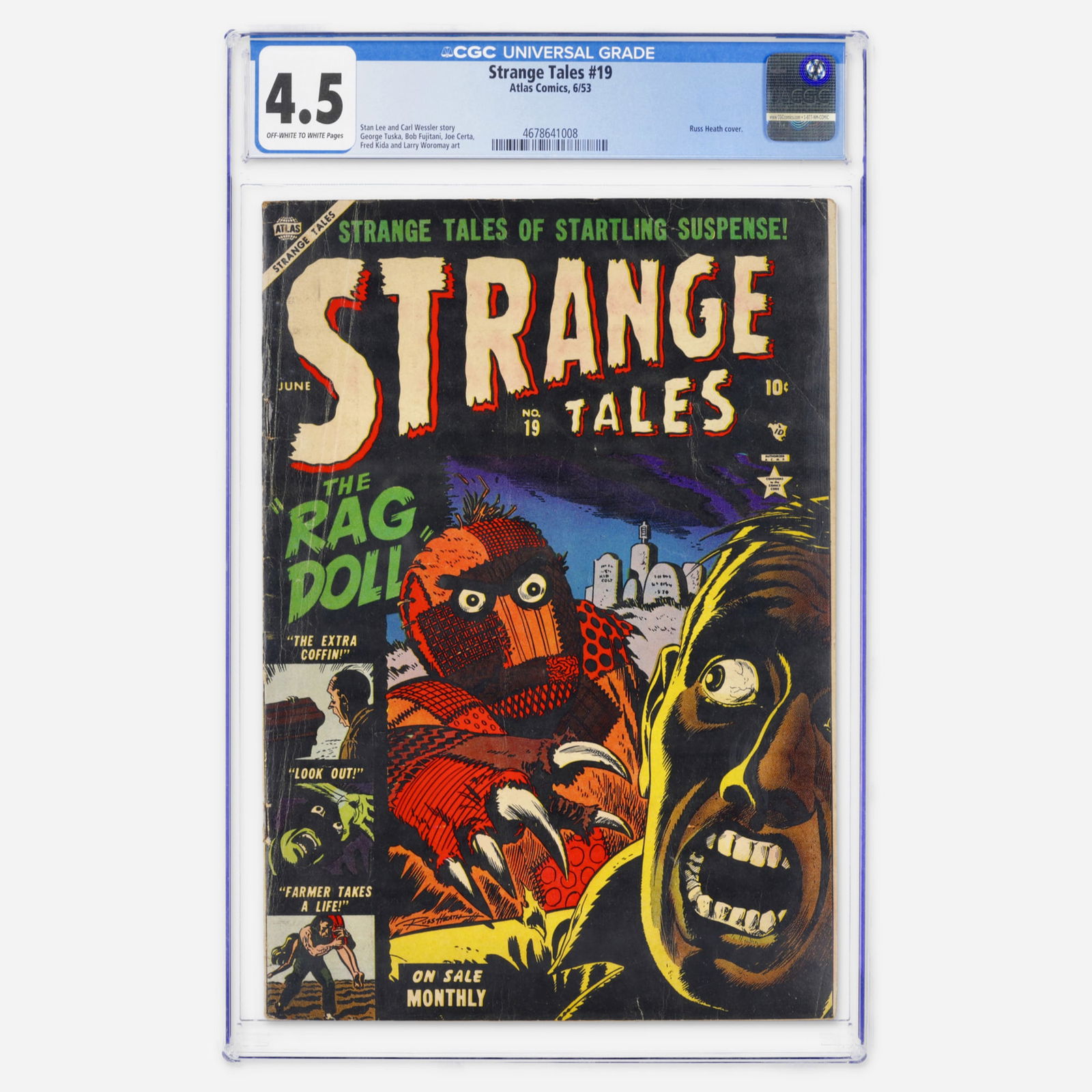 Atlas Comics Strange Tales #19 CGC 4.5: Atlas Comics Strange Tales #19 CGC 4.5 USA, 1953 This Golden Age Atlas horror anthology features a striking Russ Heath cover. Stories by Stan Lee and Carl Wessler are brought to life by artists