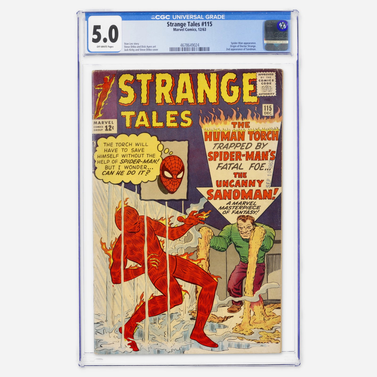 Marvel Comics Strange Tales #115 CGC 5.0: Marvel Comics Strange Tales #115 CGC 5.0 USA, 1963 A triple-threat Silver Age key featuring the origin of Doctor Strange, the second appearance of Sandman, and a Spider-Man appearance. The art is
