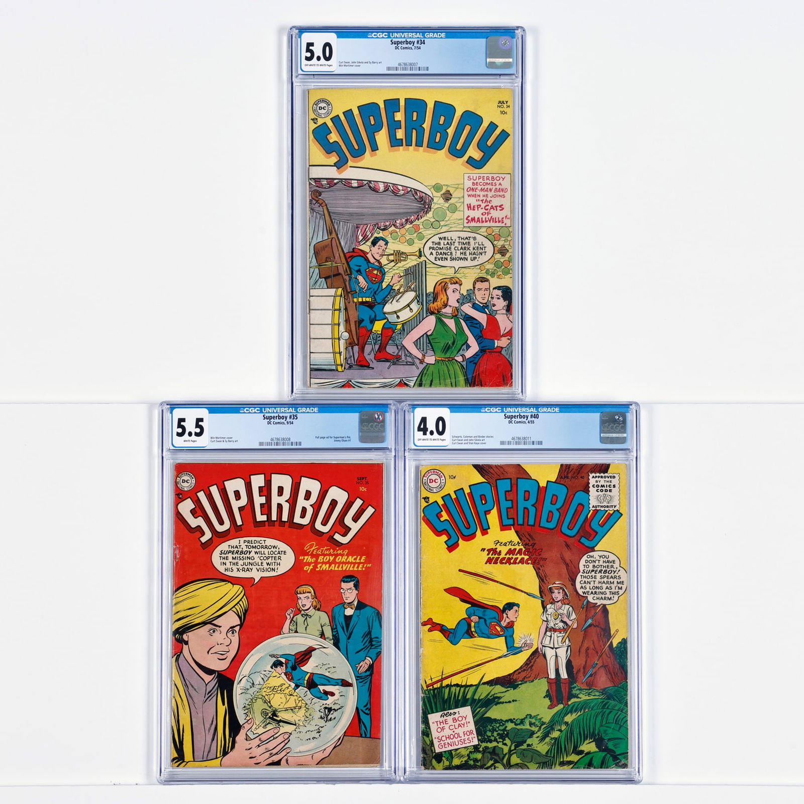 3 DC Comics Superboy #34-#40 CGC Group: 3 DC Comics Superboy #34-#40 CGC Group USA, 20th Century DC Comics Superboy #34 CGC 5.0 (7/54) CGC#: 4678638007Population: 1 in 5.0, 19 higher Grader Notes: sticker right top of page(s) 1,